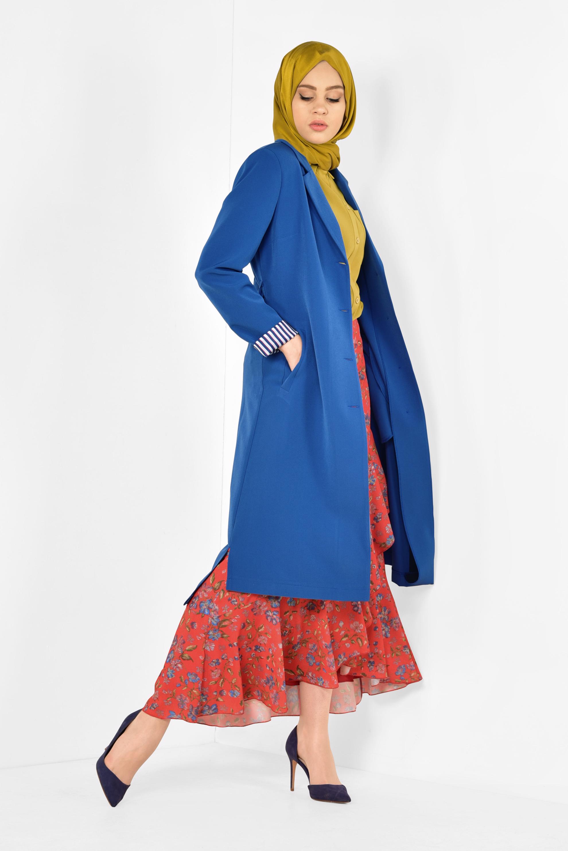 Tesettür giyim LACİVERT ÇİZGİ DETAYLI BELİ KEMERLİ TRENÇKOT 1404