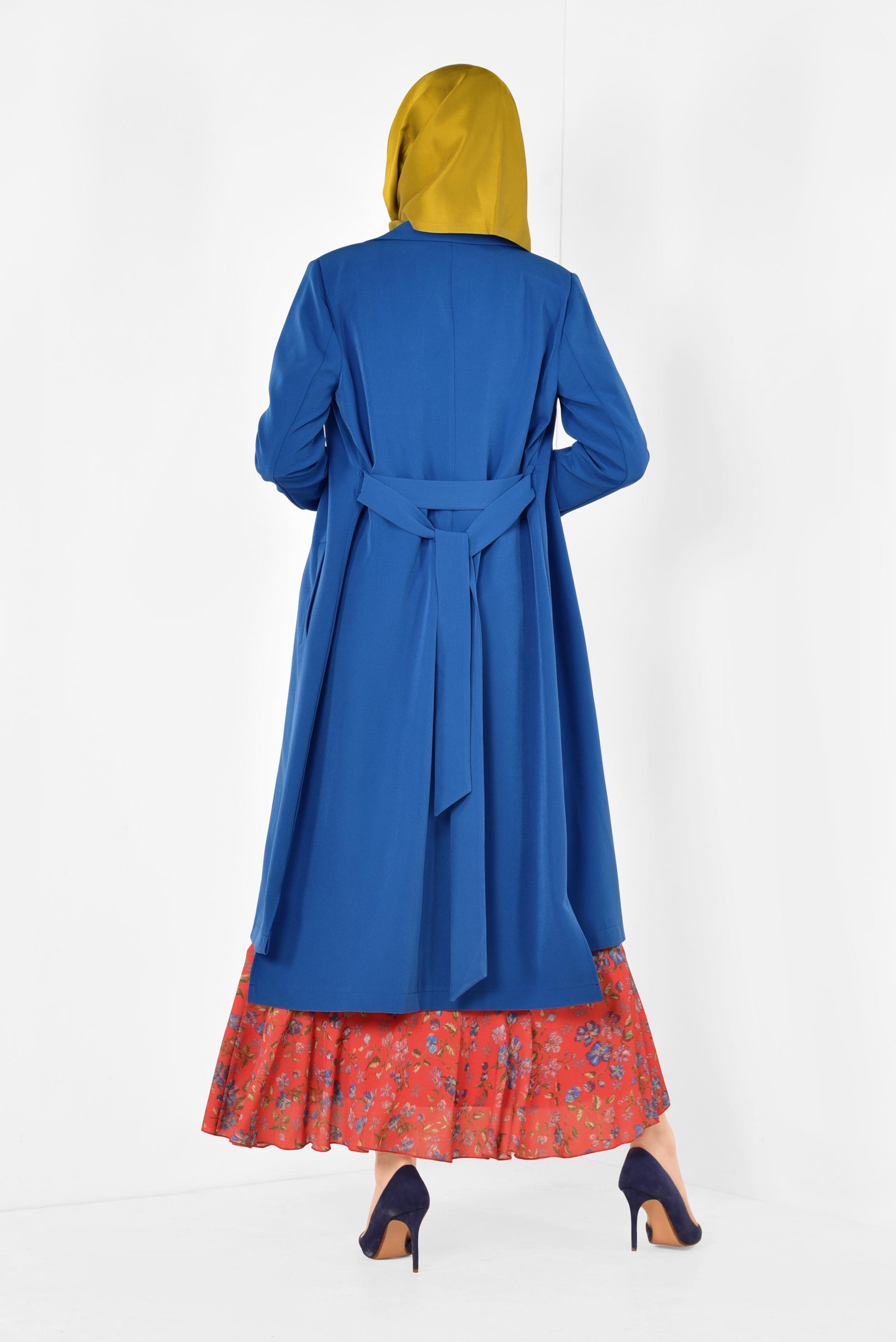 Tesettür giyim LACİVERT ÇİZGİ DETAYLI BELİ KEMERLİ TRENÇKOT 1404