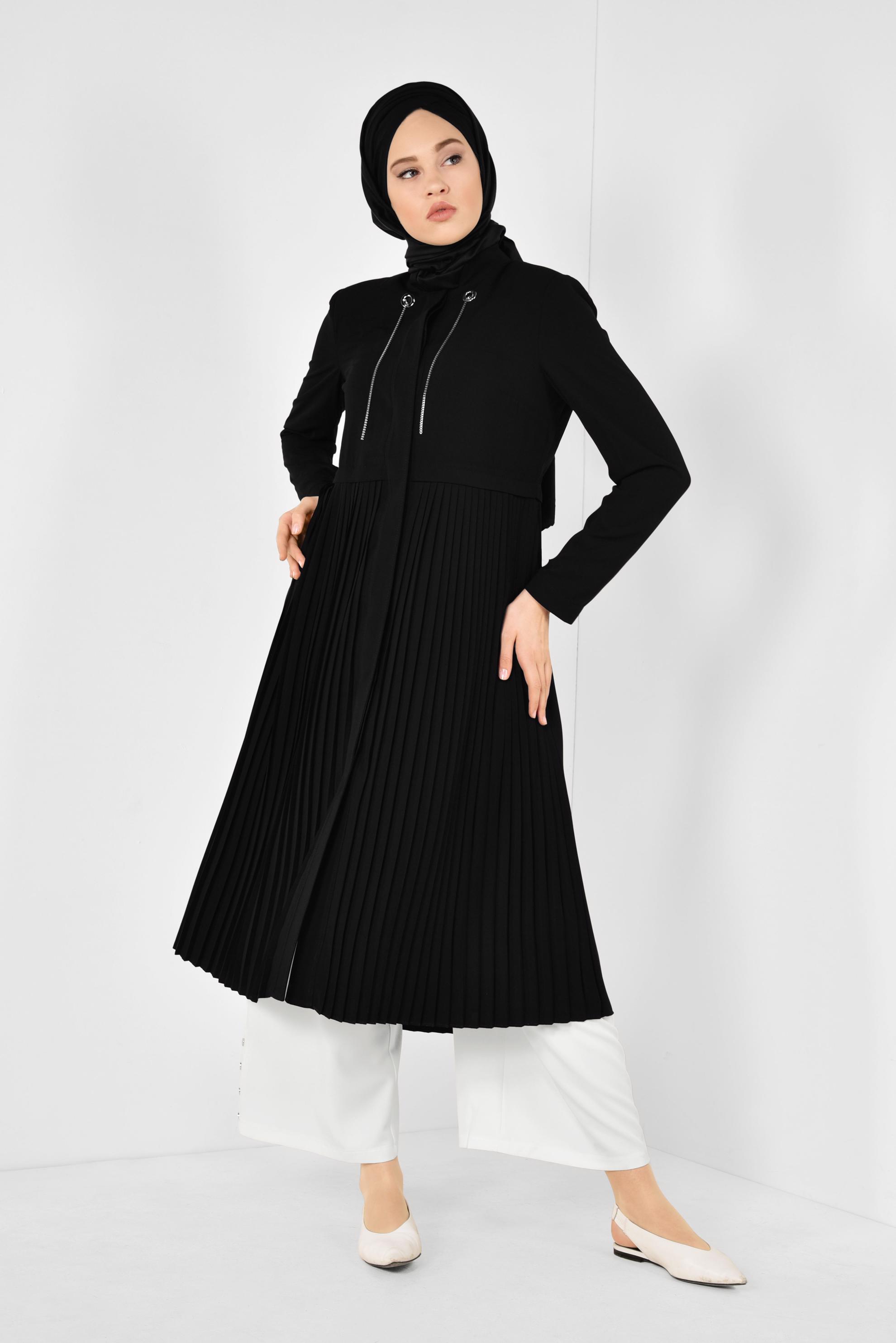 Tesettür giyim SİYAH GİZLİ DÜĞMELİ PİLİSELİ TRENÇKOT 1405