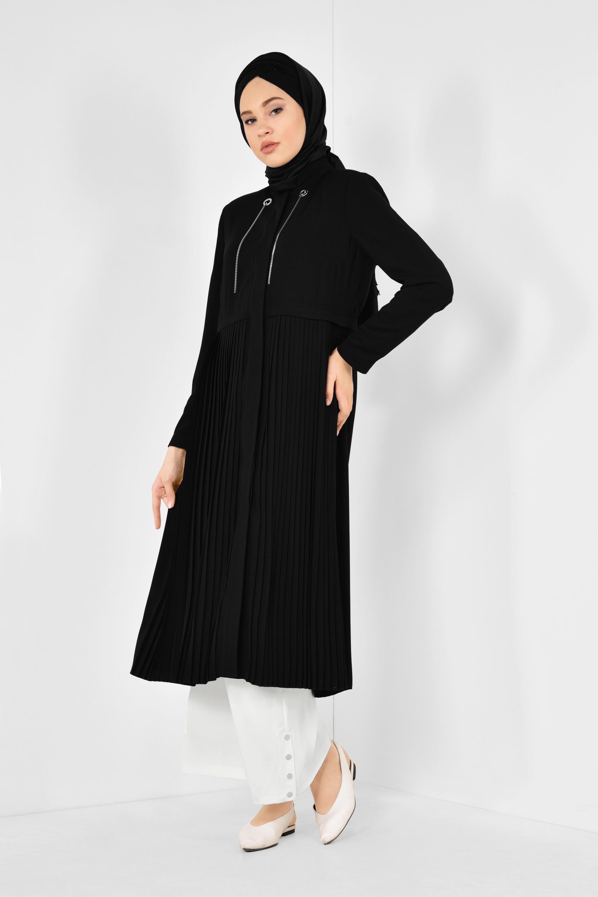 Tesettür giyim SİYAH GİZLİ DÜĞMELİ PİLİSELİ TRENÇKOT 1405