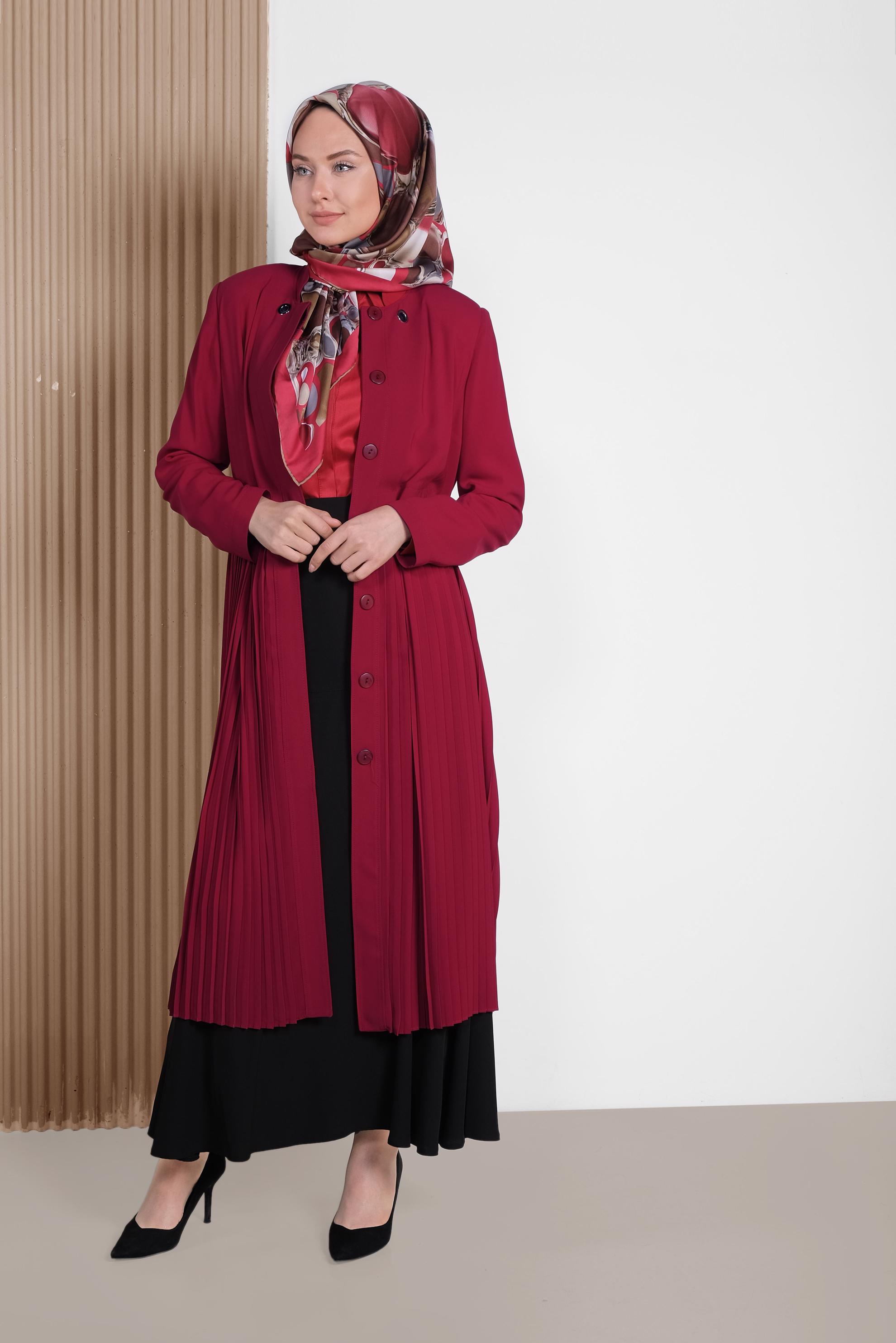 Tesettür giyim BORDO GİZLİ DÜĞMELİ PİLİSELİ TRENÇKOT 1405
