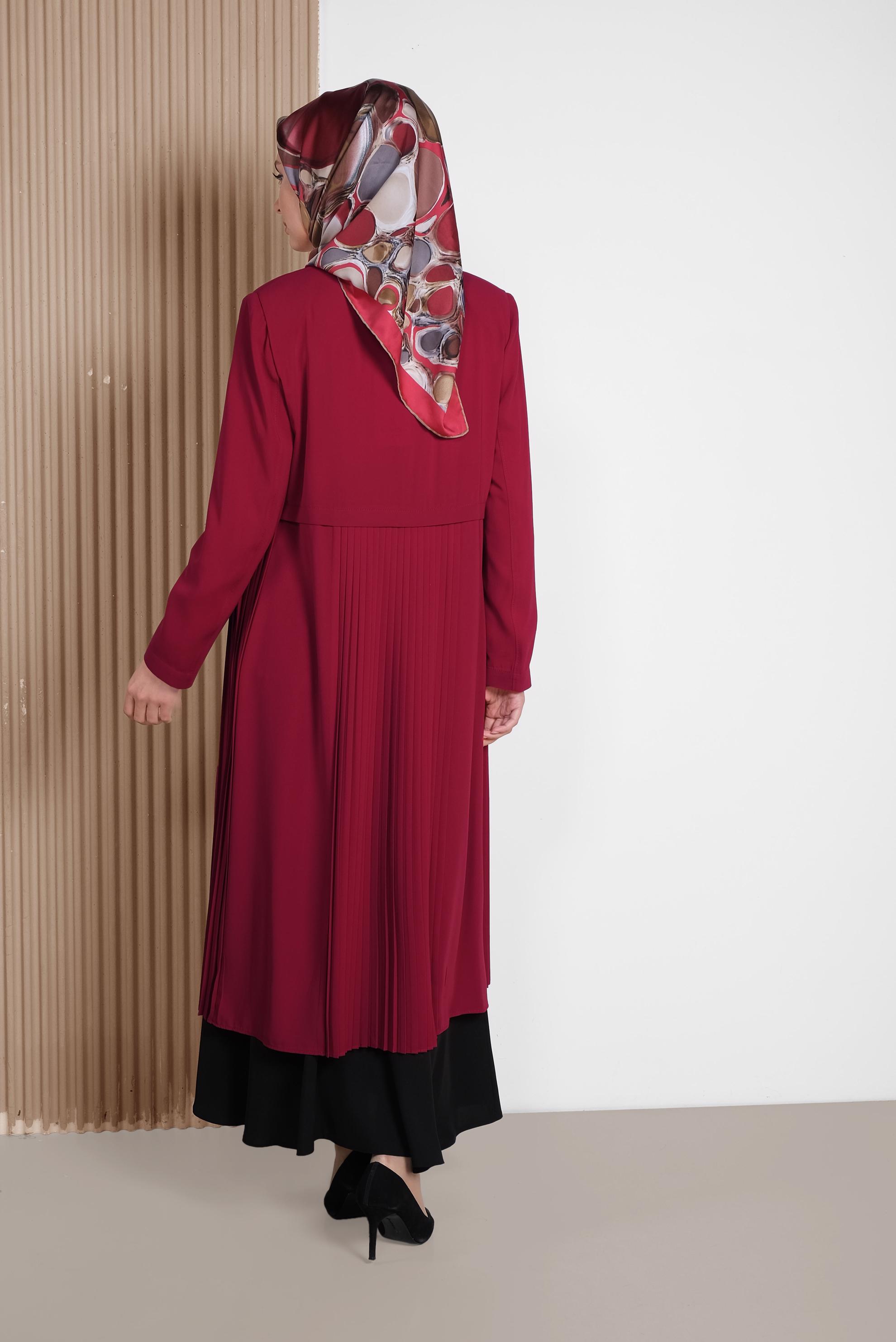 Tesettür giyim BORDO GİZLİ DÜĞMELİ PİLİSELİ TRENÇKOT 1405