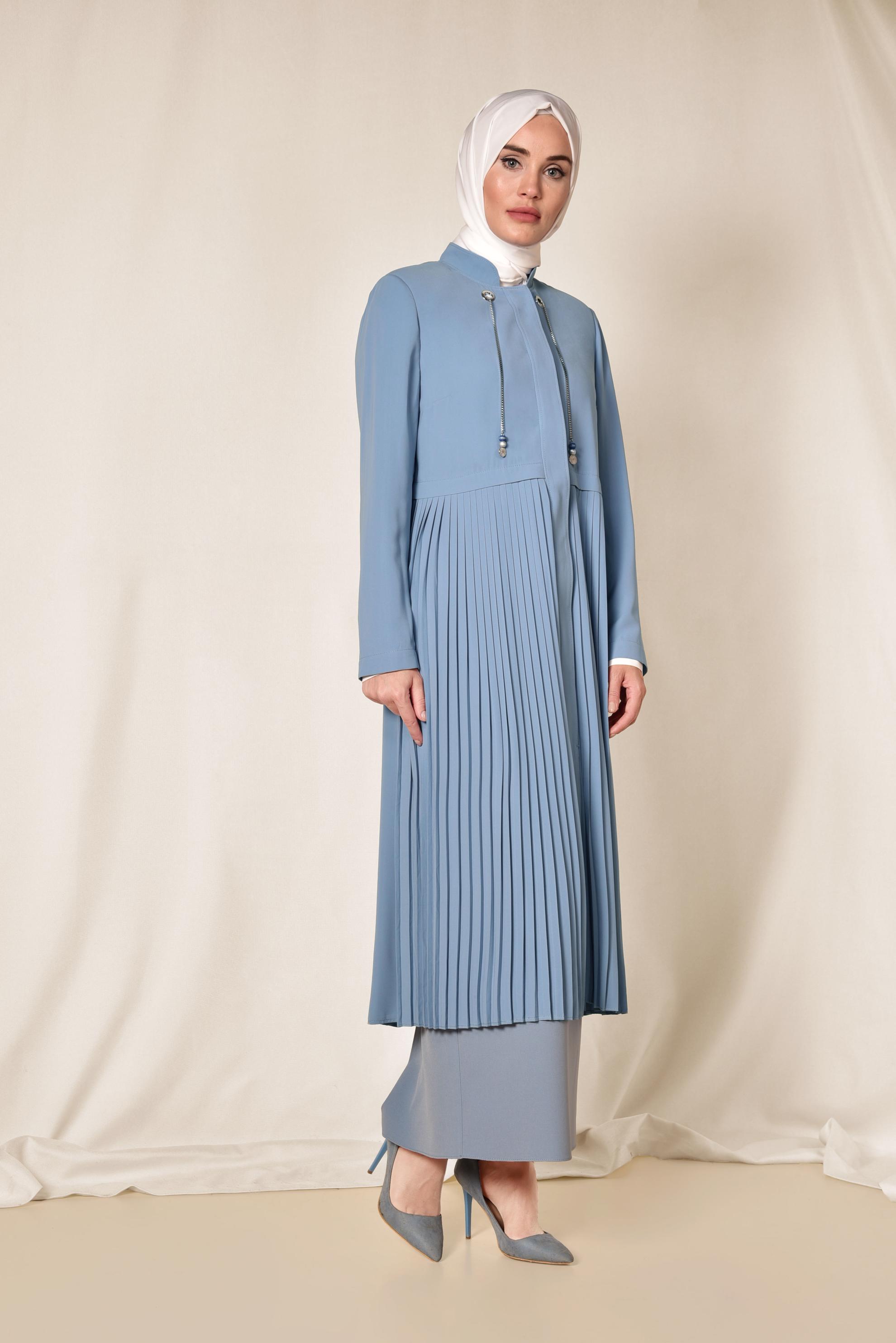 Tesettür giyim MAVİ GİZLİ DÜĞMELİ PİLİSELİ TRENÇKOT 1405