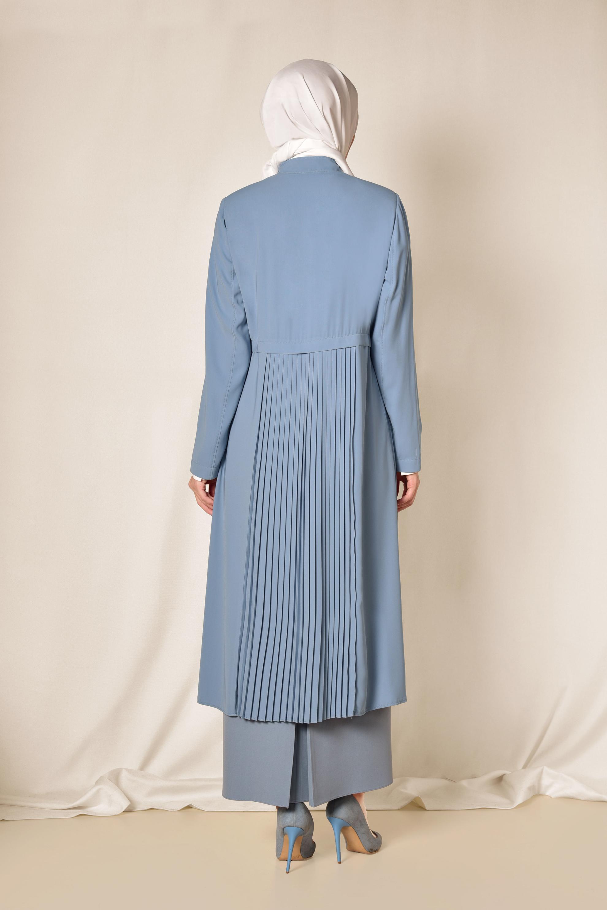 Tesettür giyim MAVİ GİZLİ DÜĞMELİ PİLİSELİ TRENÇKOT 1405