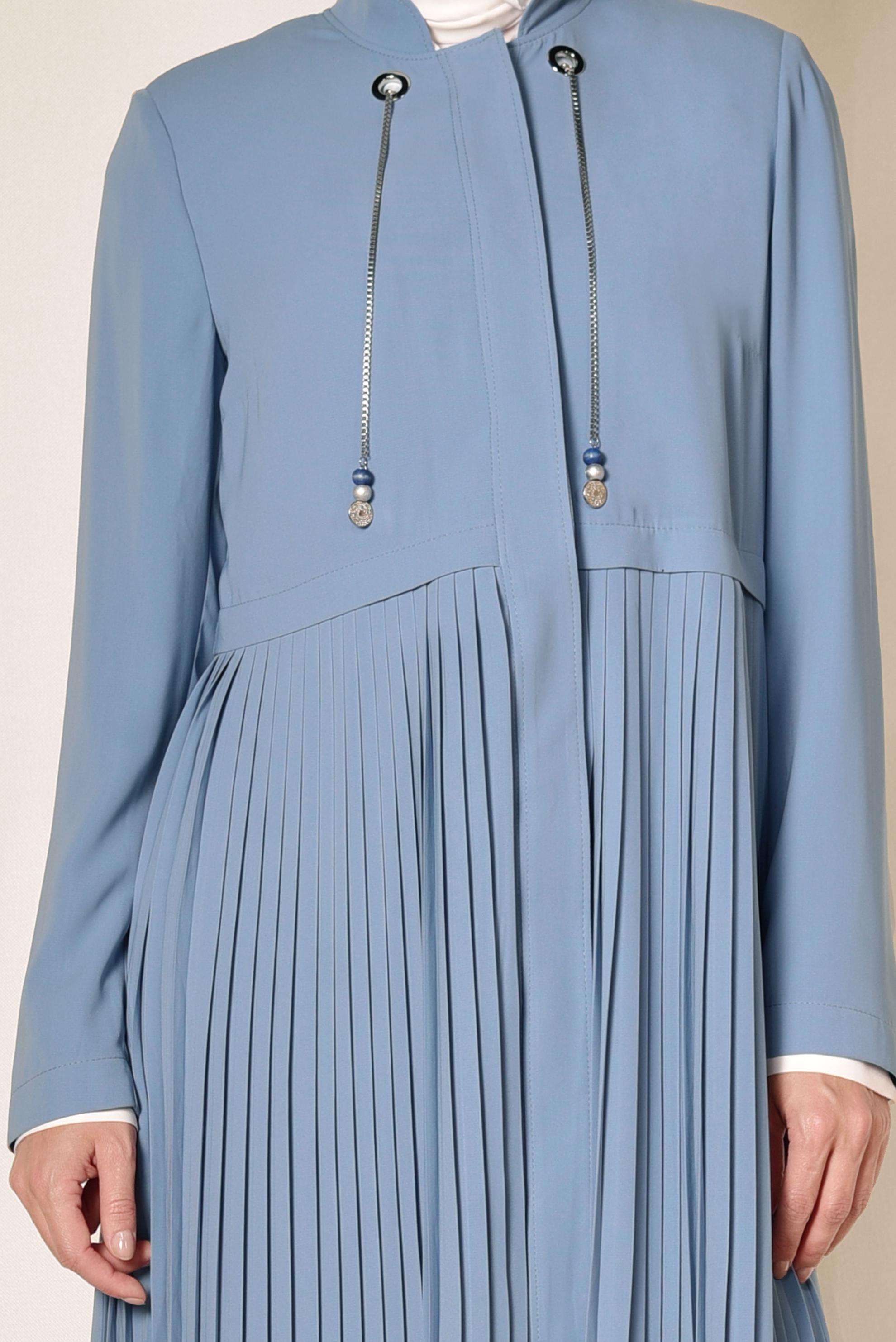 Tesettür giyim MAVİ GİZLİ DÜĞMELİ PİLİSELİ TRENÇKOT 1405