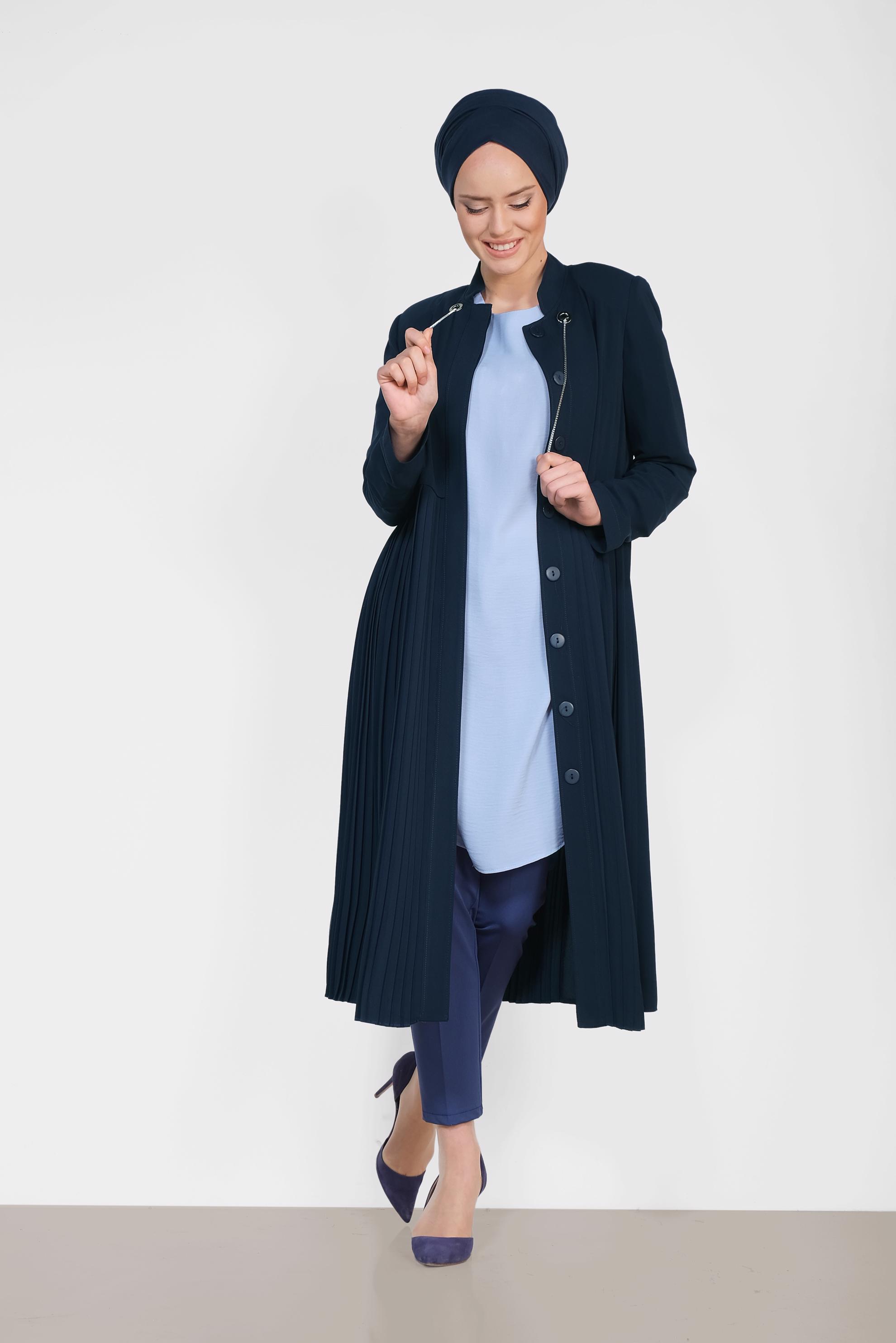 Tesettür giyim LACİVERT GİZLİ DÜĞMELİ PİLİSELİ TRENÇKOT 1405