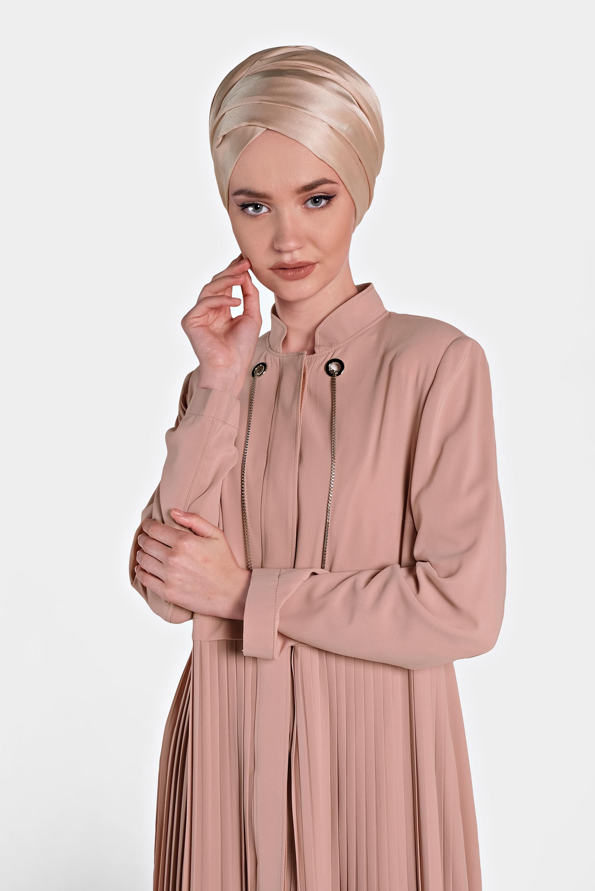 Tesettür giyim KAHVE GİZLİ DÜĞMELİ PİLİSELİ TRENÇKOT 1405