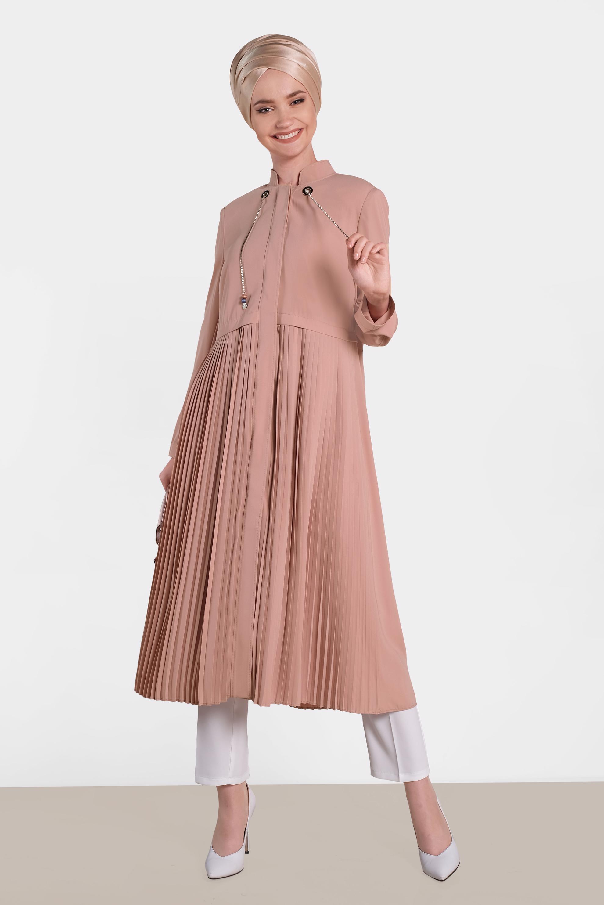 Tesettür giyim KAHVE GİZLİ DÜĞMELİ PİLİSELİ TRENÇKOT 1405