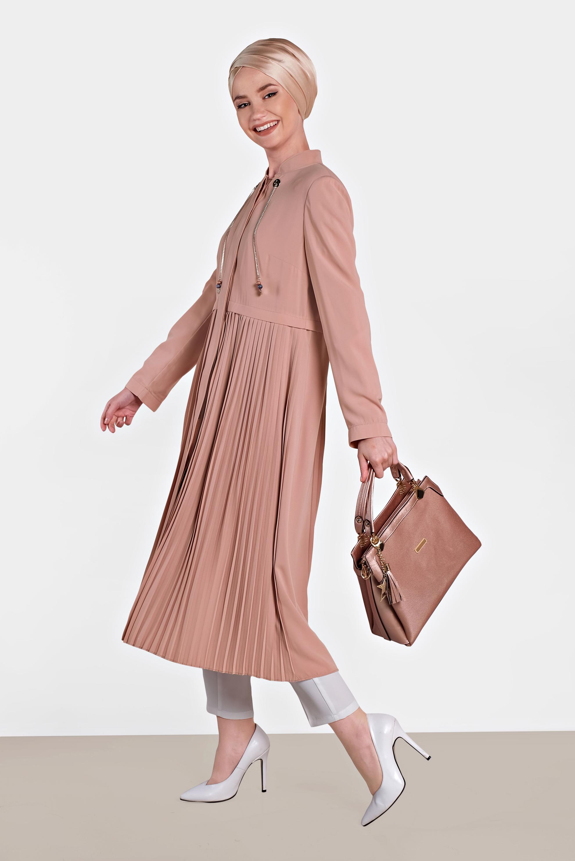 Tesettür giyim KAHVE GİZLİ DÜĞMELİ PİLİSELİ TRENÇKOT 1405