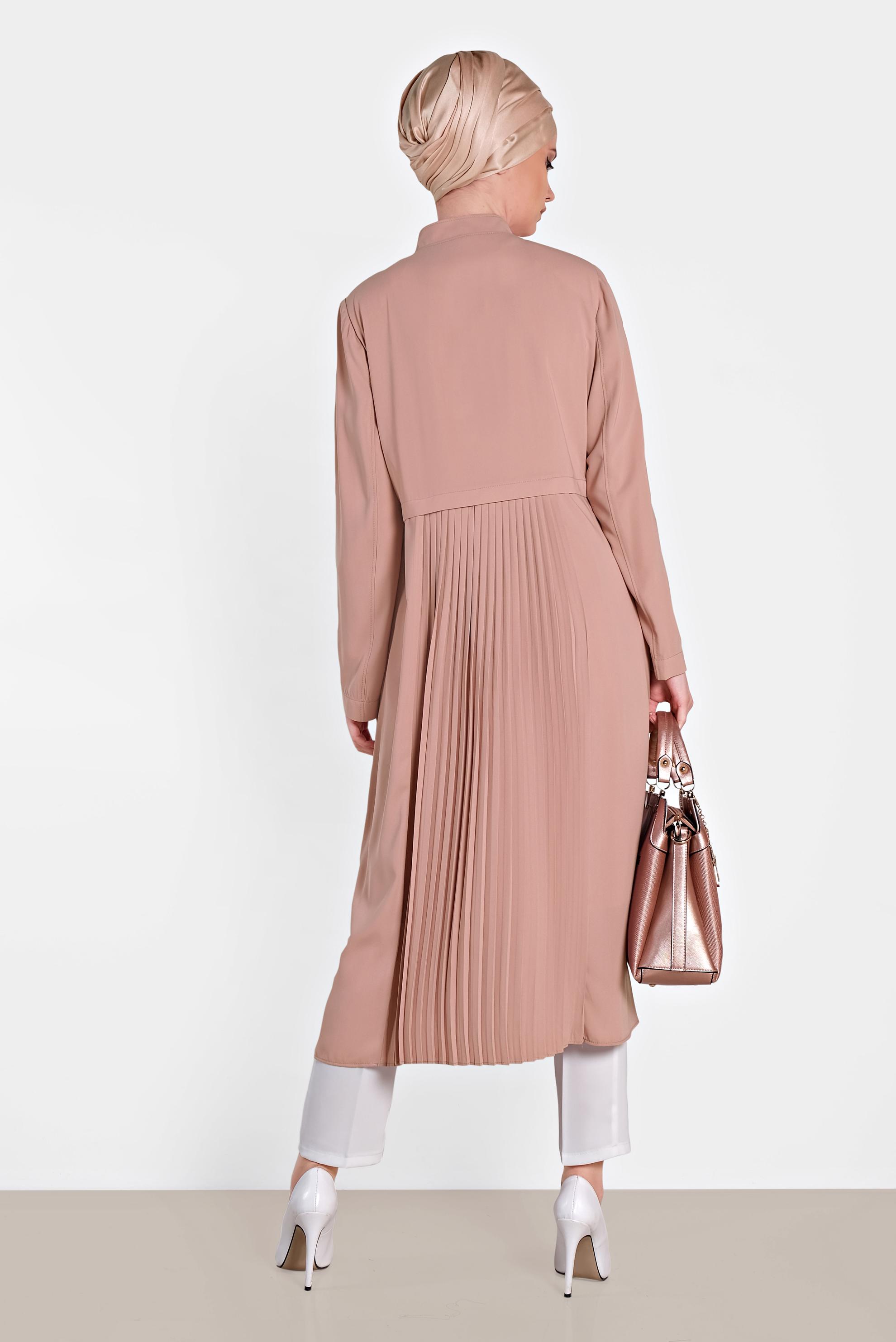 Tesettür giyim KAHVE GİZLİ DÜĞMELİ PİLİSELİ TRENÇKOT 1405