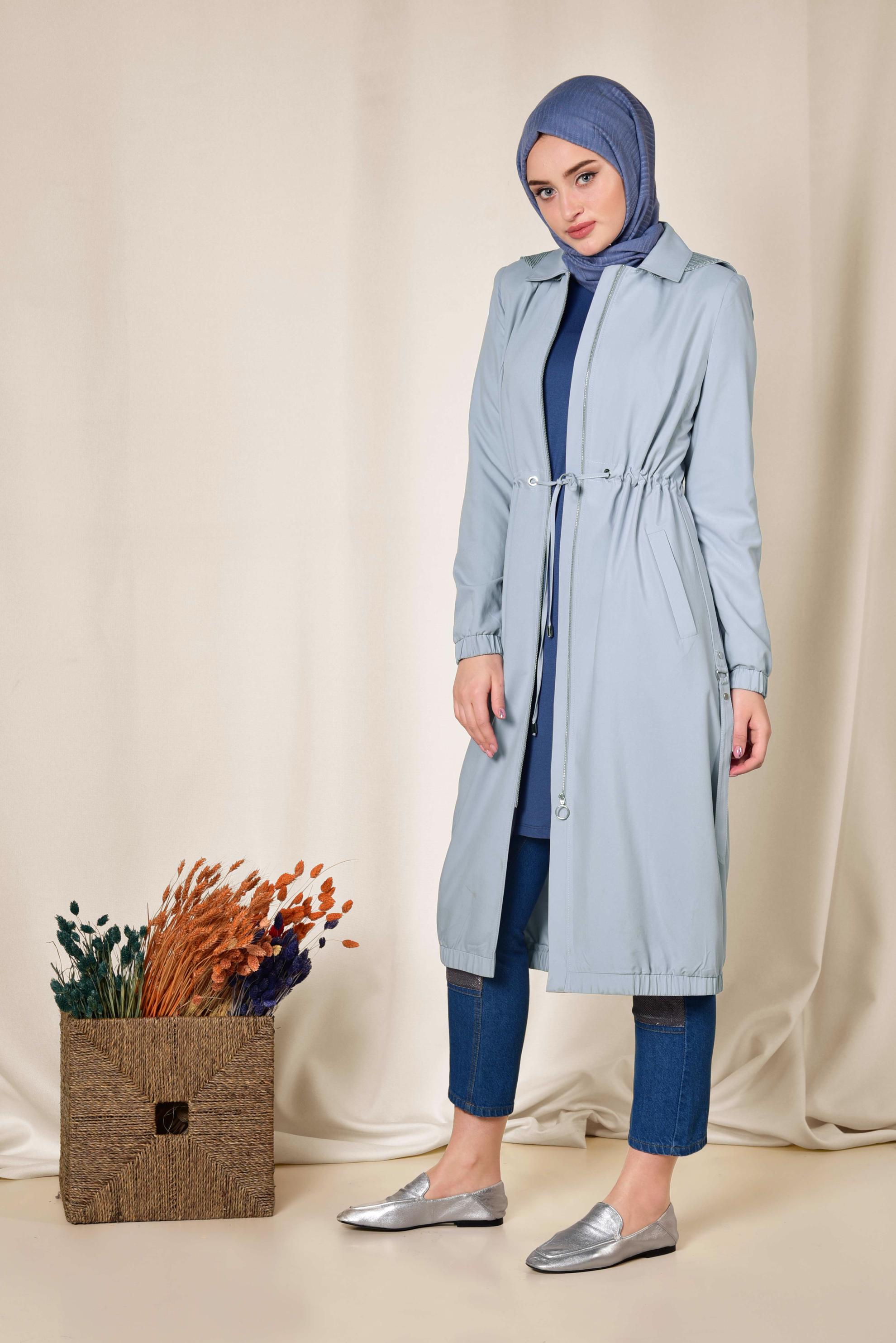 Tesettür giyim GRİ ETEK UCU LASTİKLİ FERMUARLI TRENÇKOT 1406