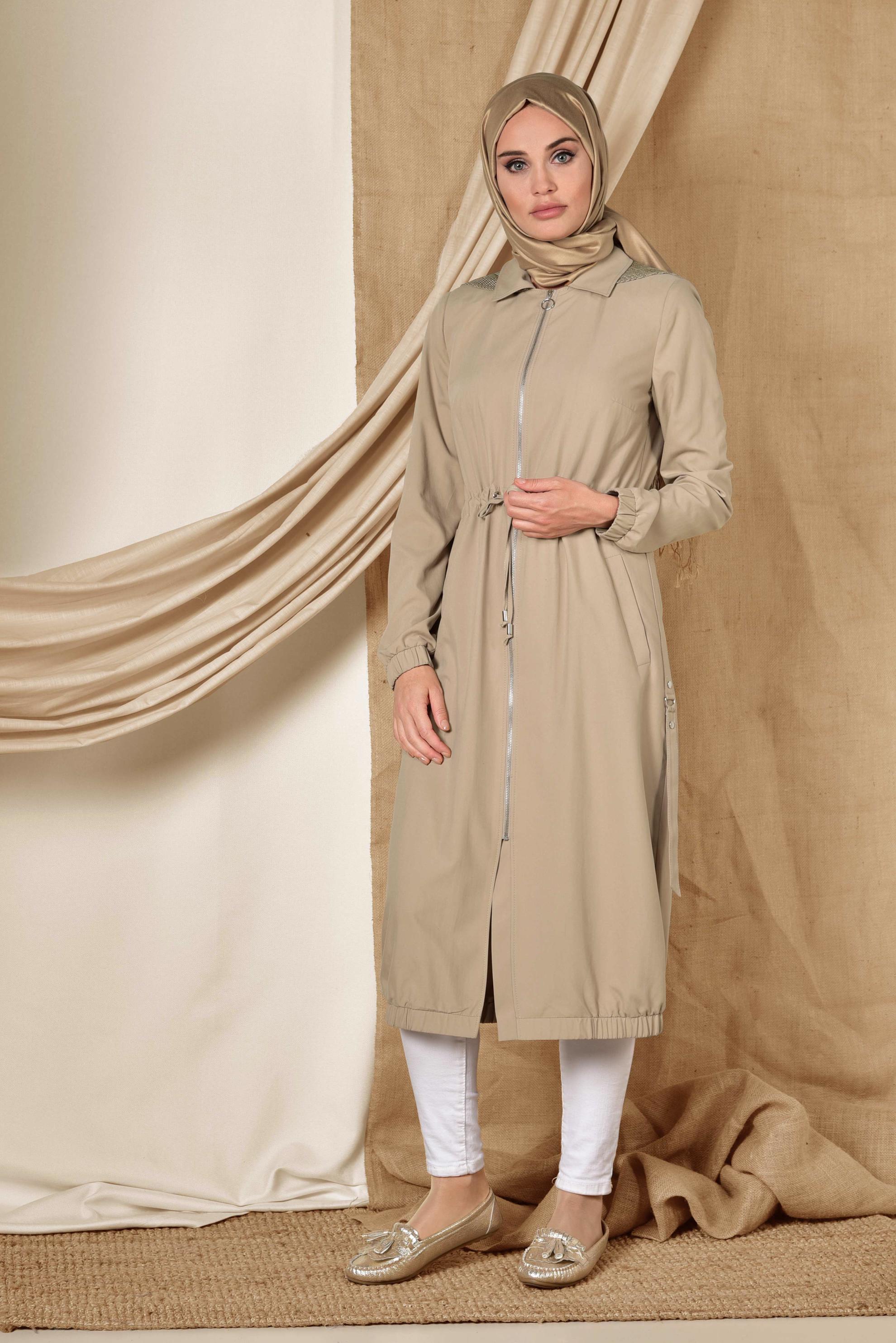 Tesettür giyim KAHVE ETEK UCU LASTİKLİ FERMUARLI TRENÇKOT 1406