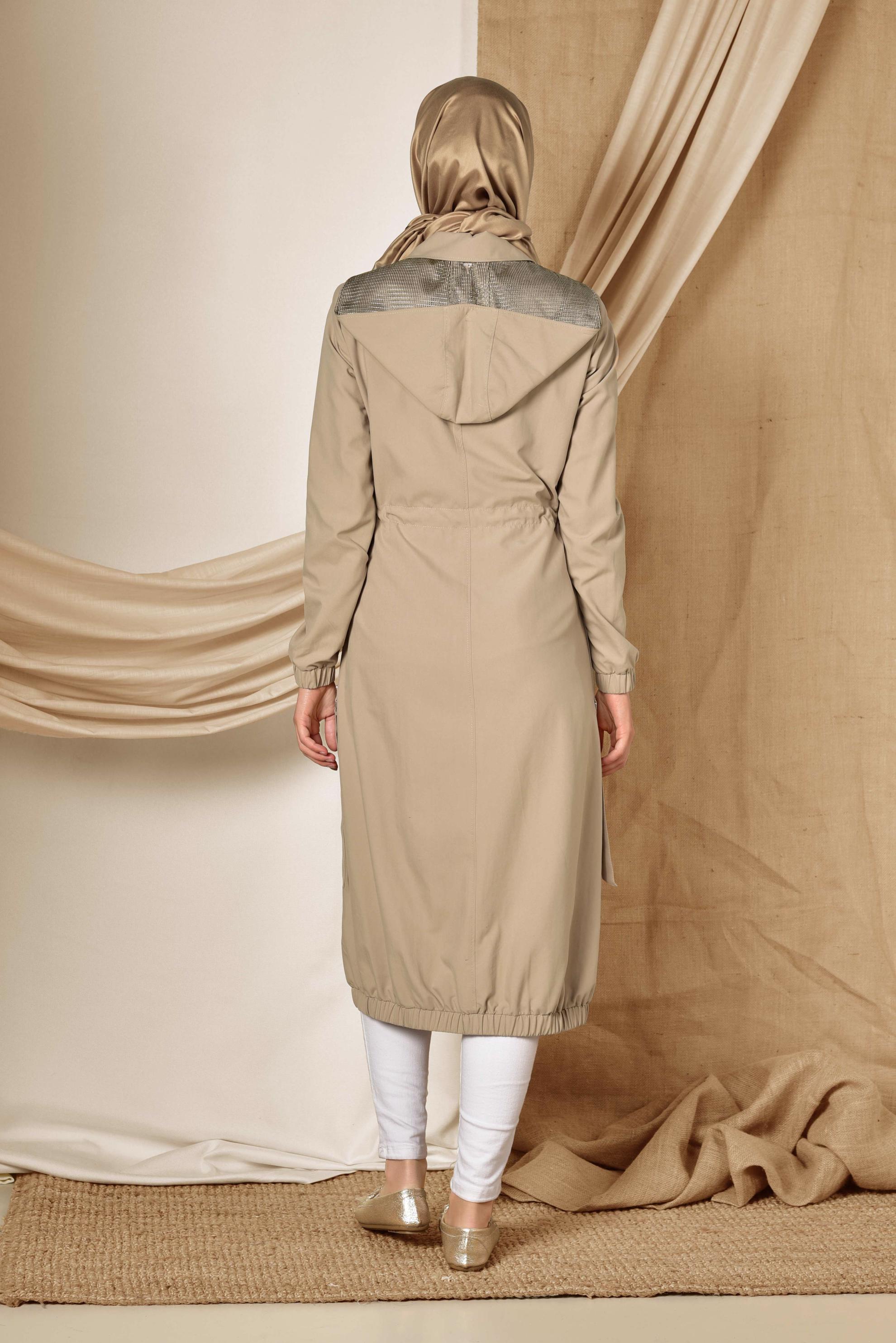 Tesettür giyim KAHVE ETEK UCU LASTİKLİ FERMUARLI TRENÇKOT 1406