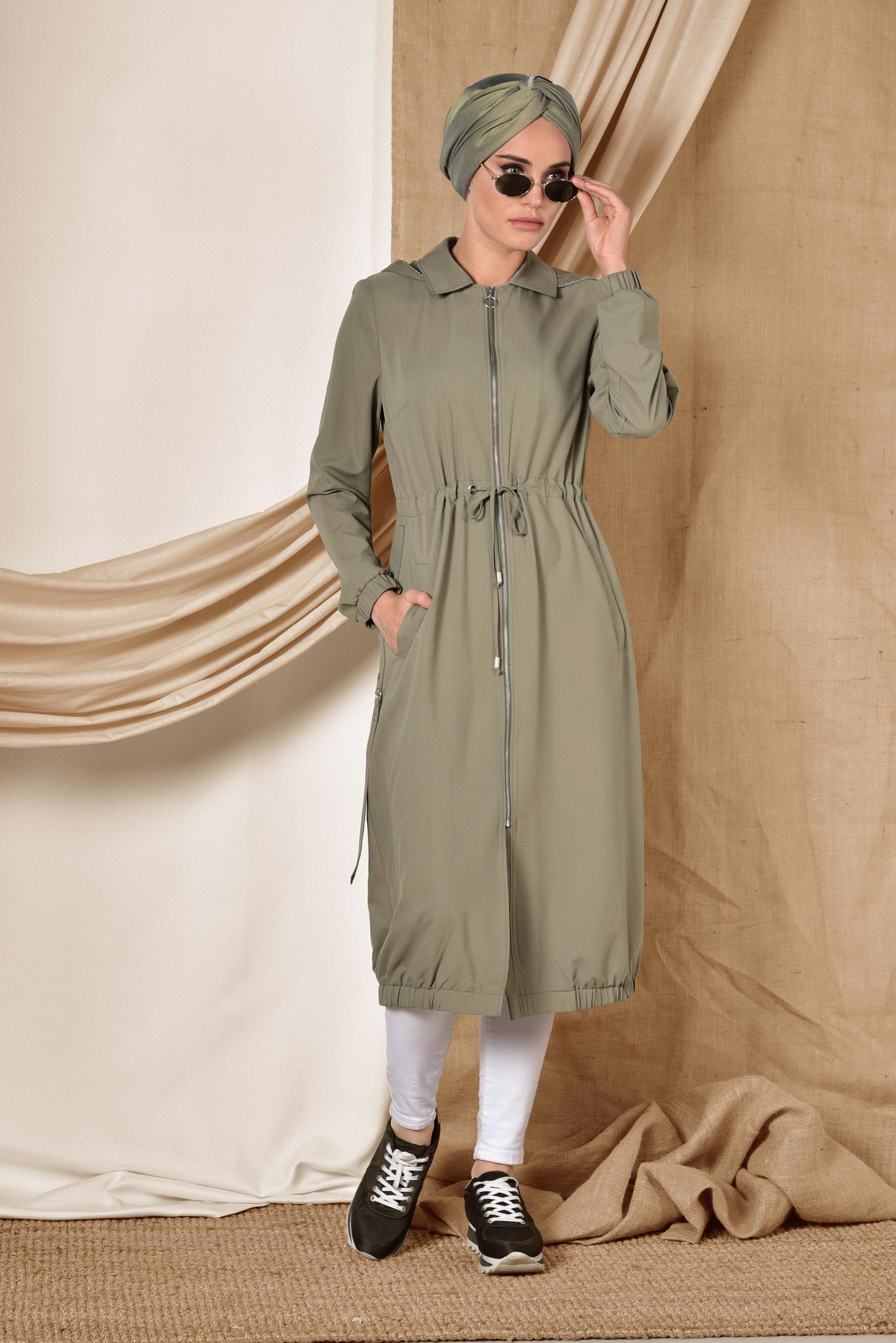 Tesettür giyim HAKİ ETEK UCU LASTİKLİ FERMUARLI TRENÇKOT 1406