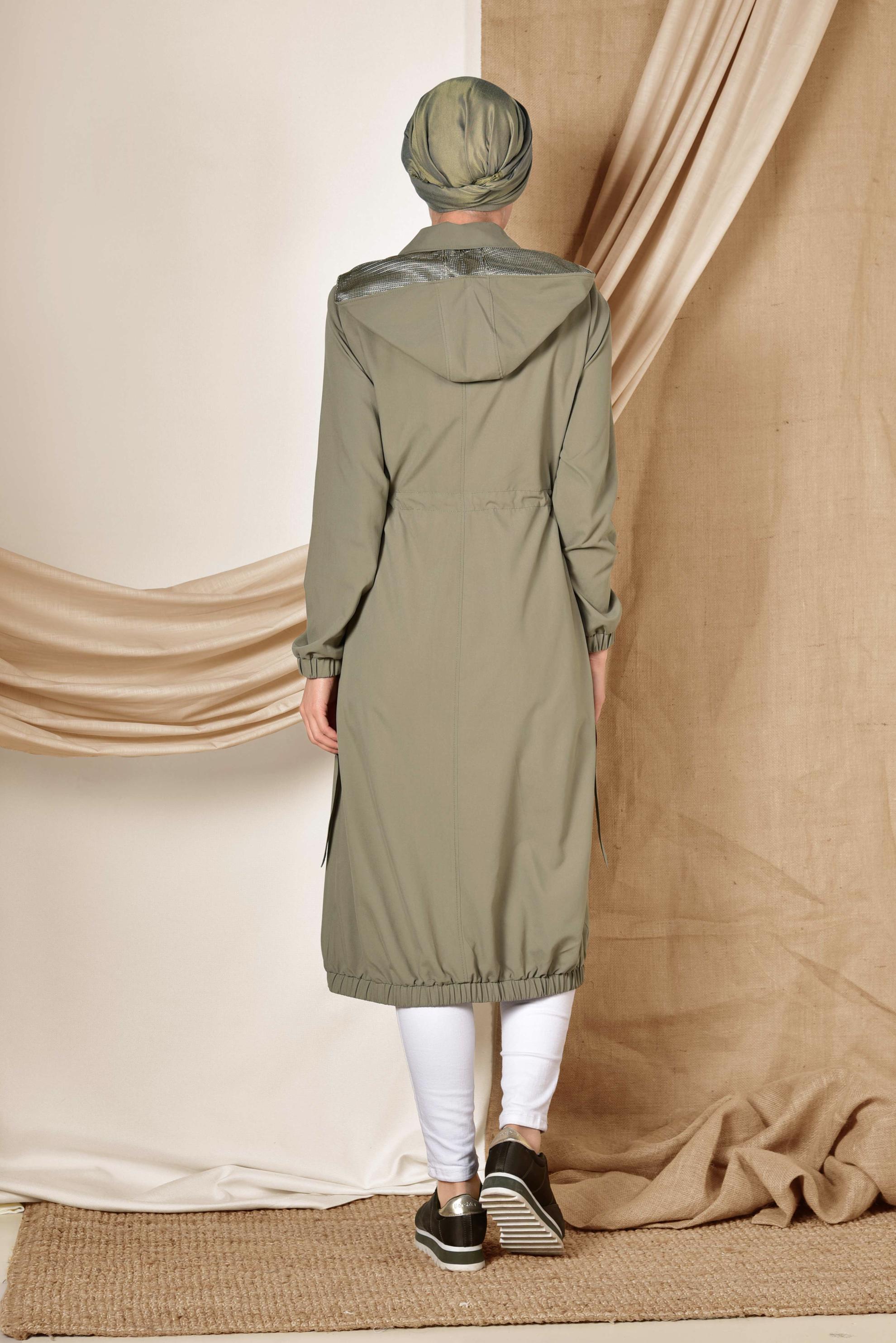 Tesettür giyim HAKİ ETEK UCU LASTİKLİ FERMUARLI TRENÇKOT 1406