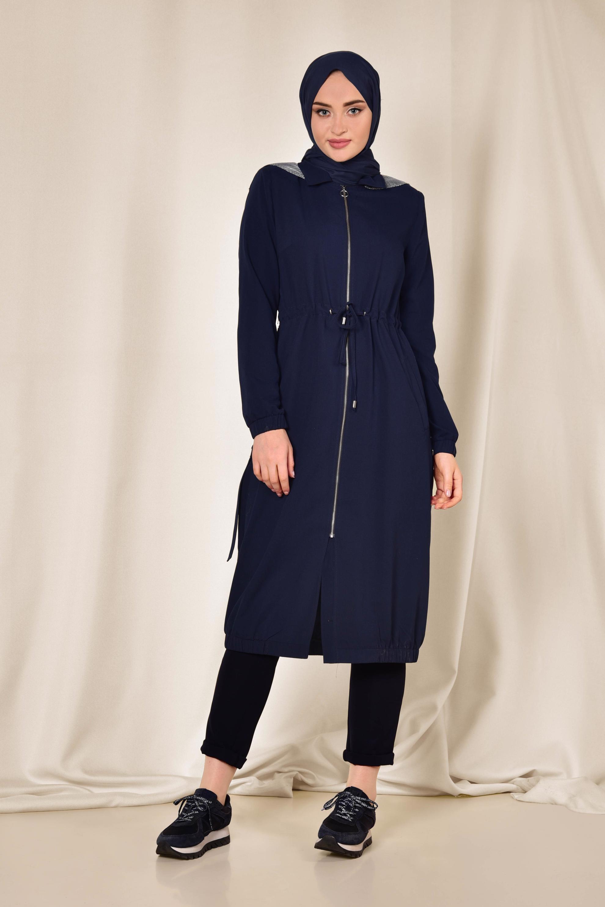 Tesettür giyim LACİVERT ETEK UCU LASTİKLİ FERMUARLI TRENÇKOT 1406