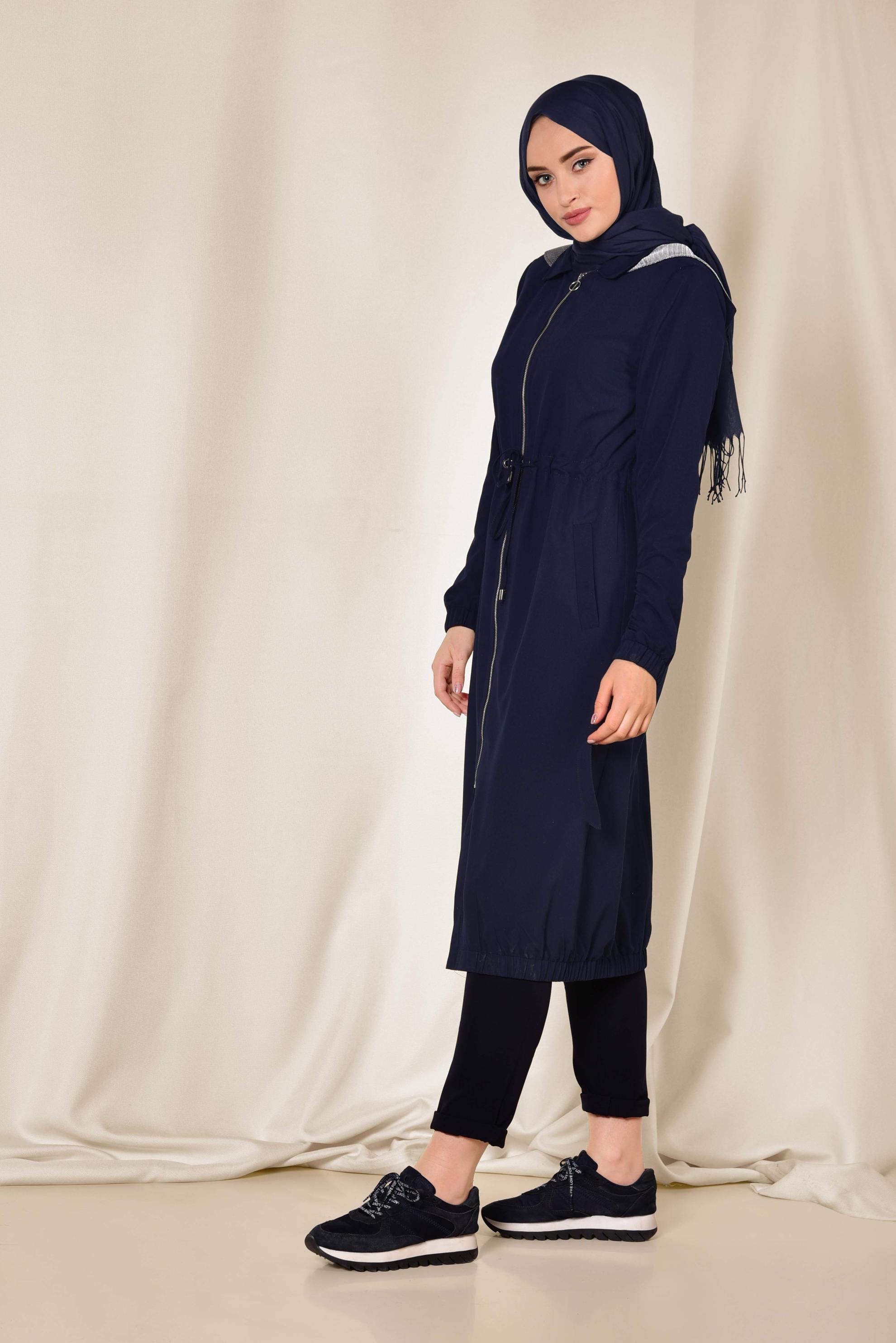 Tesettür giyim LACİVERT ETEK UCU LASTİKLİ FERMUARLI TRENÇKOT 1406