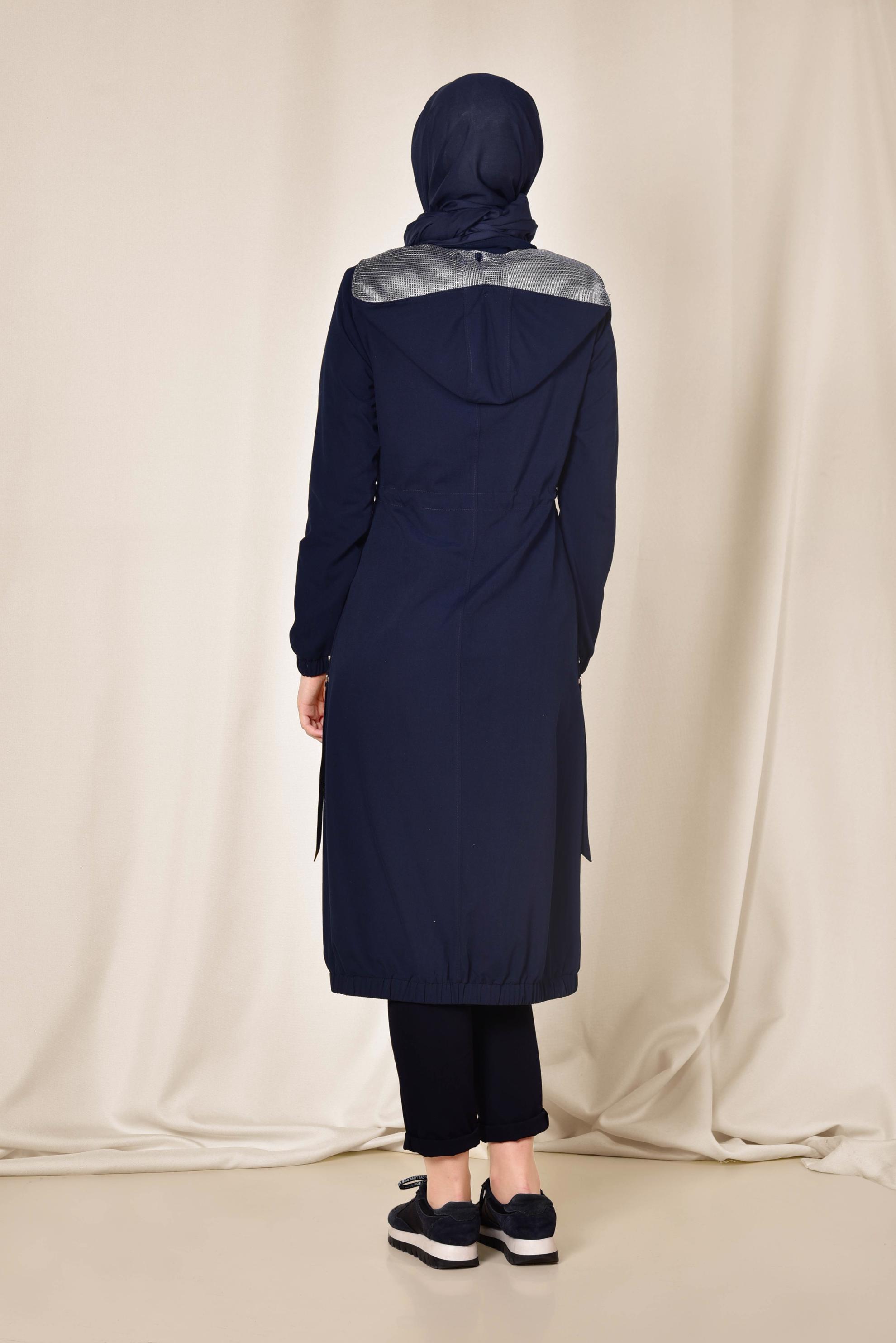 Tesettür giyim LACİVERT ETEK UCU LASTİKLİ FERMUARLI TRENÇKOT 1406