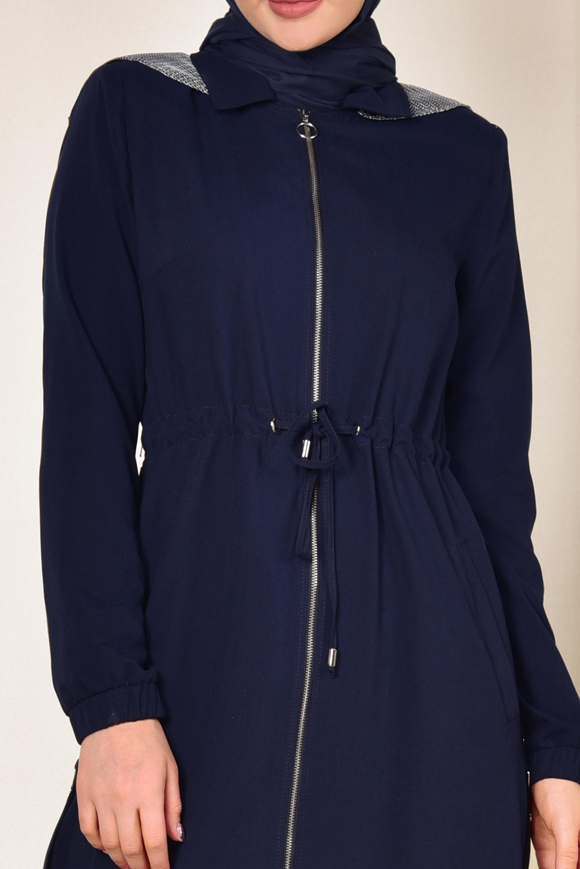 Tesettür giyim LACİVERT ETEK UCU LASTİKLİ FERMUARLI TRENÇKOT 1406