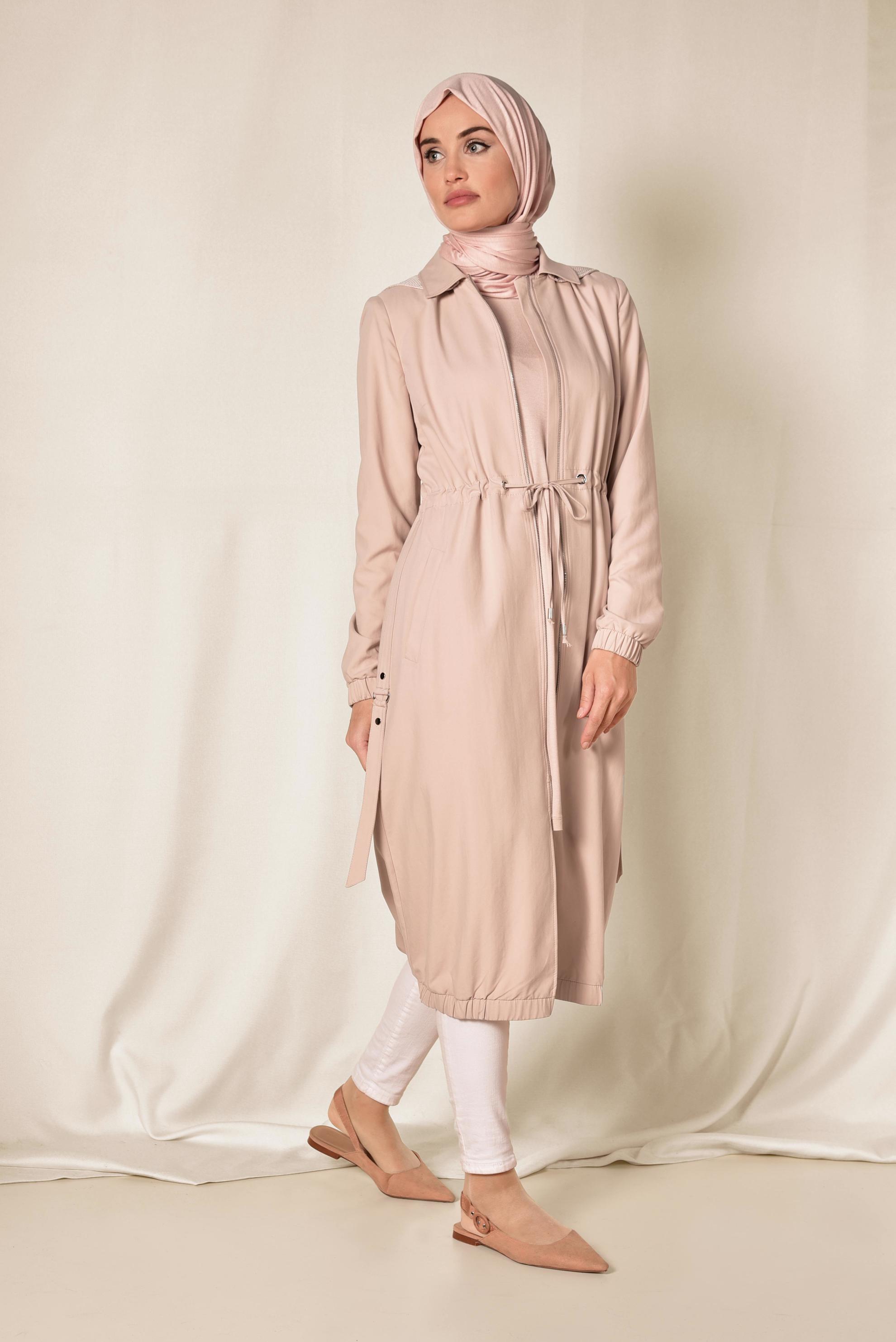 Tesettür giyim PUDRA ETEK UCU LASTİKLİ FERMUARLI TRENÇKOT 1406