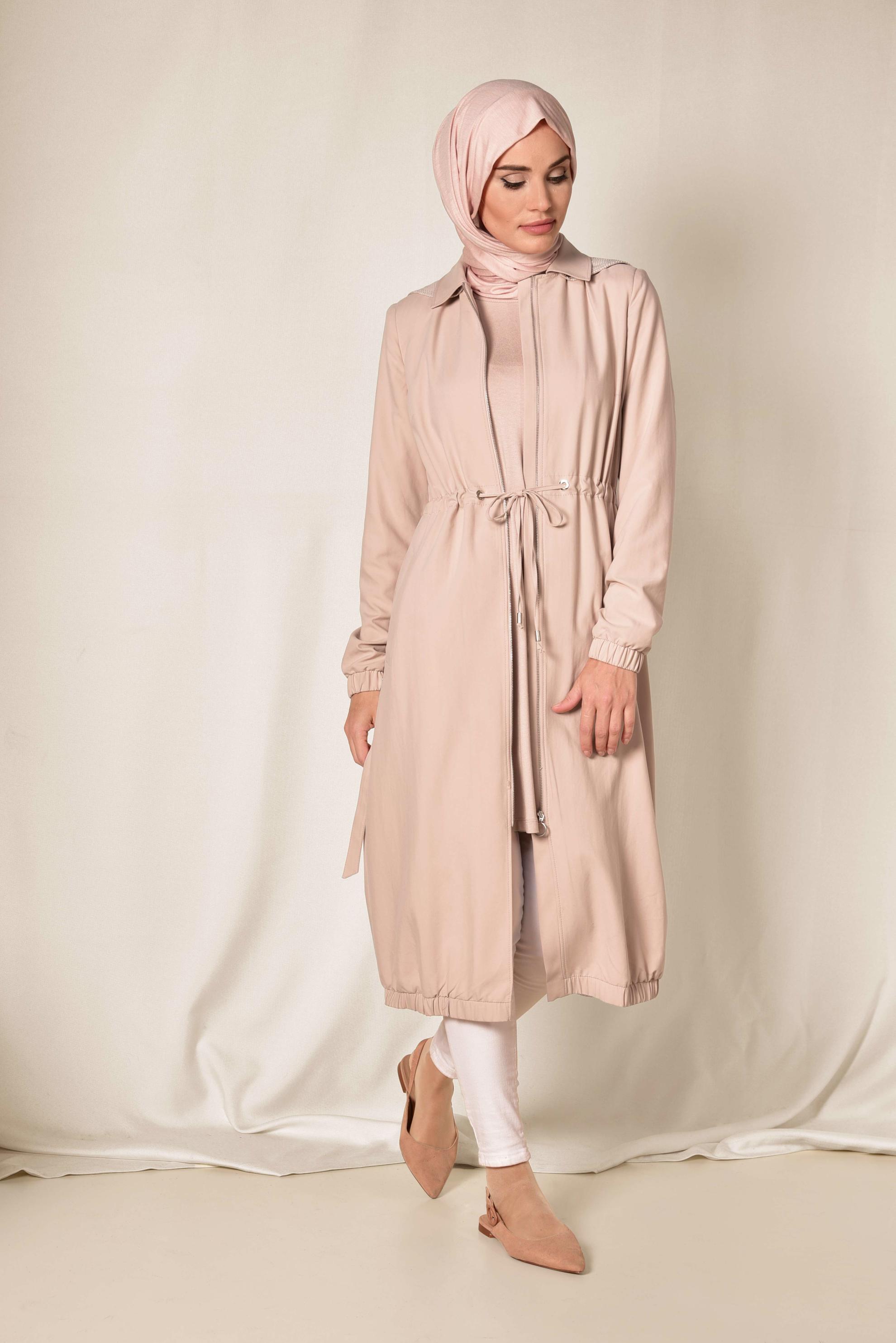 Tesettür giyim PUDRA ETEK UCU LASTİKLİ FERMUARLI TRENÇKOT 1406