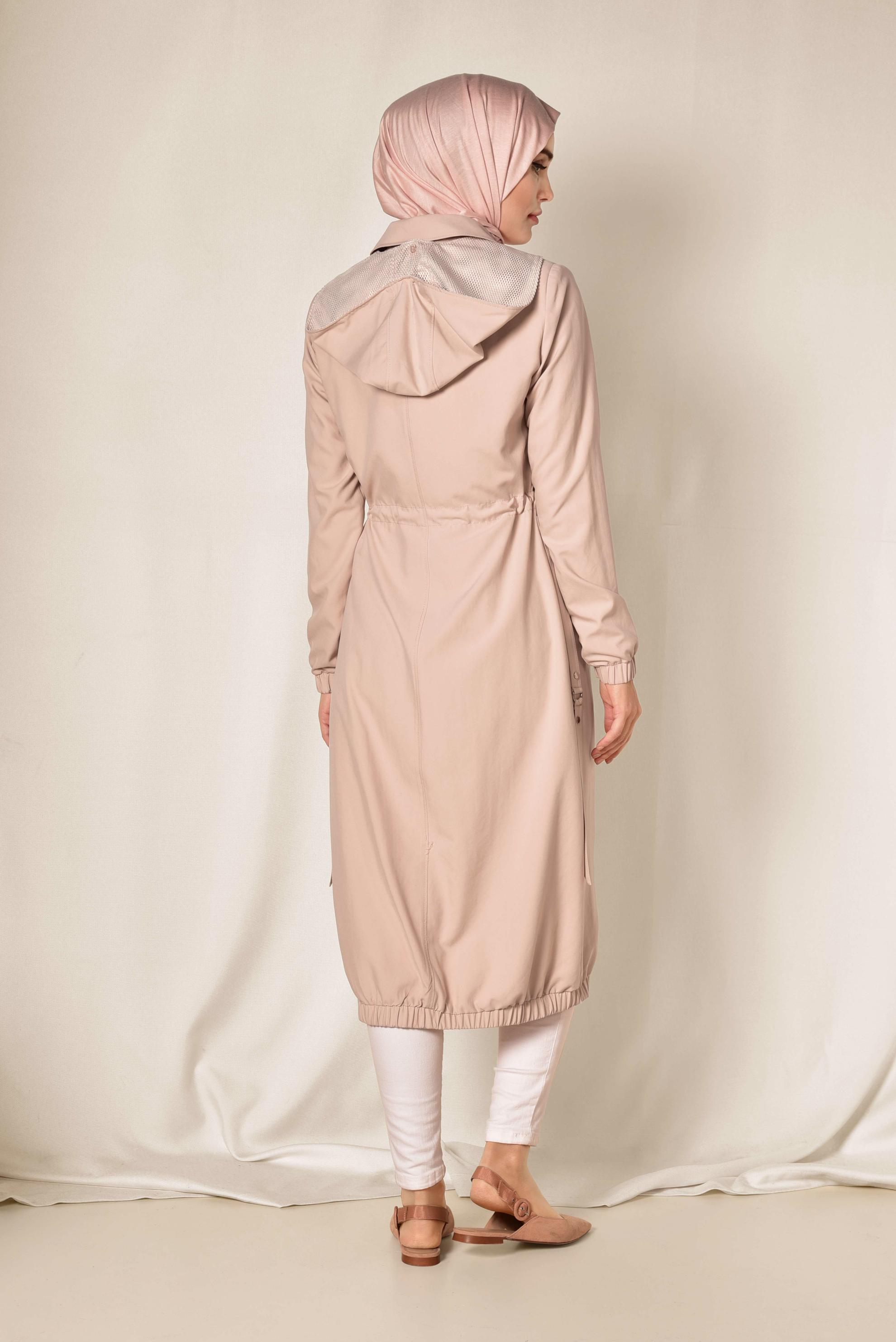 Tesettür giyim PUDRA ETEK UCU LASTİKLİ FERMUARLI TRENÇKOT 1406