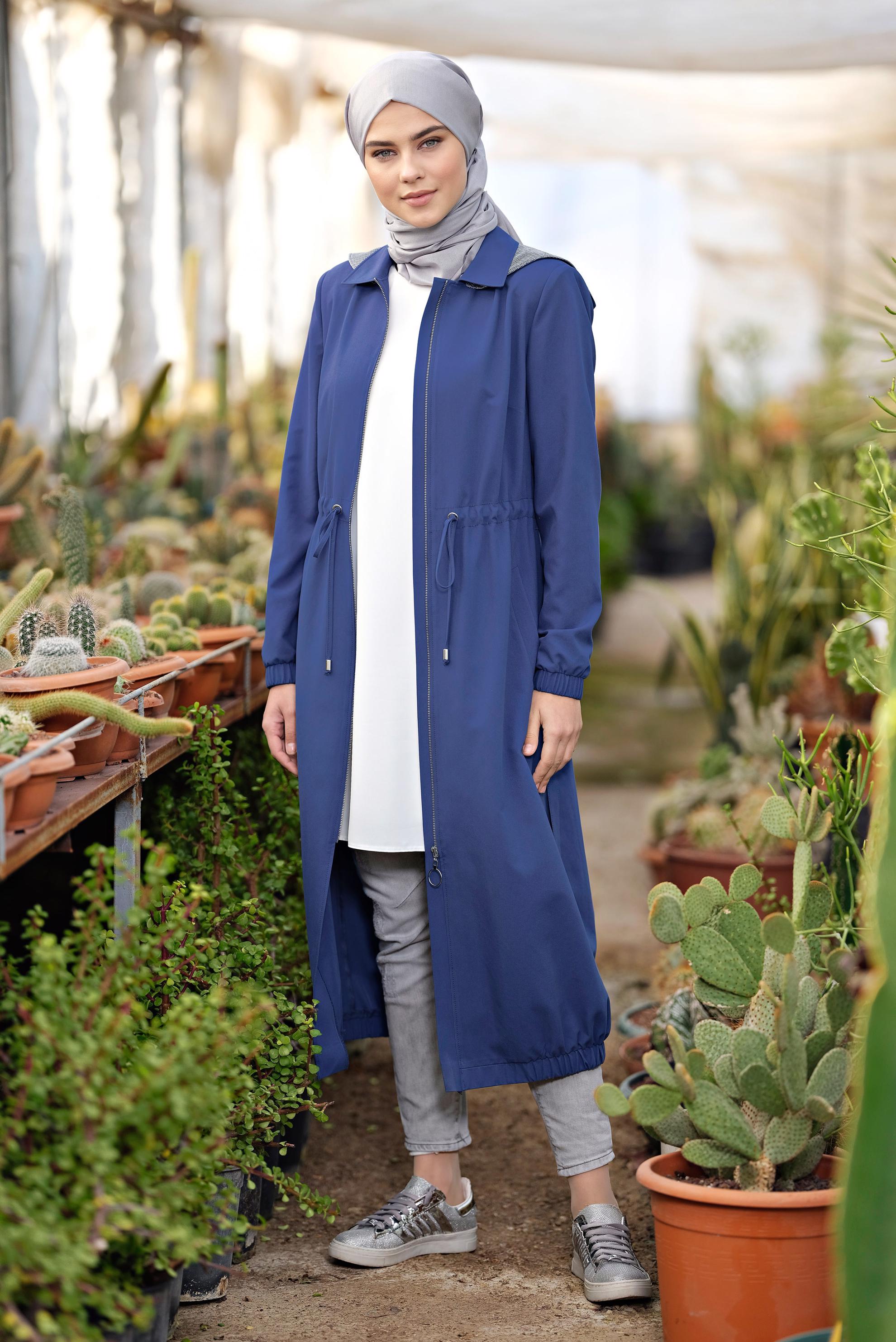 Hijab clothing NAVY BLUE ZIPPED FLOUNCED-HEM TRENCH-COAT 1406 