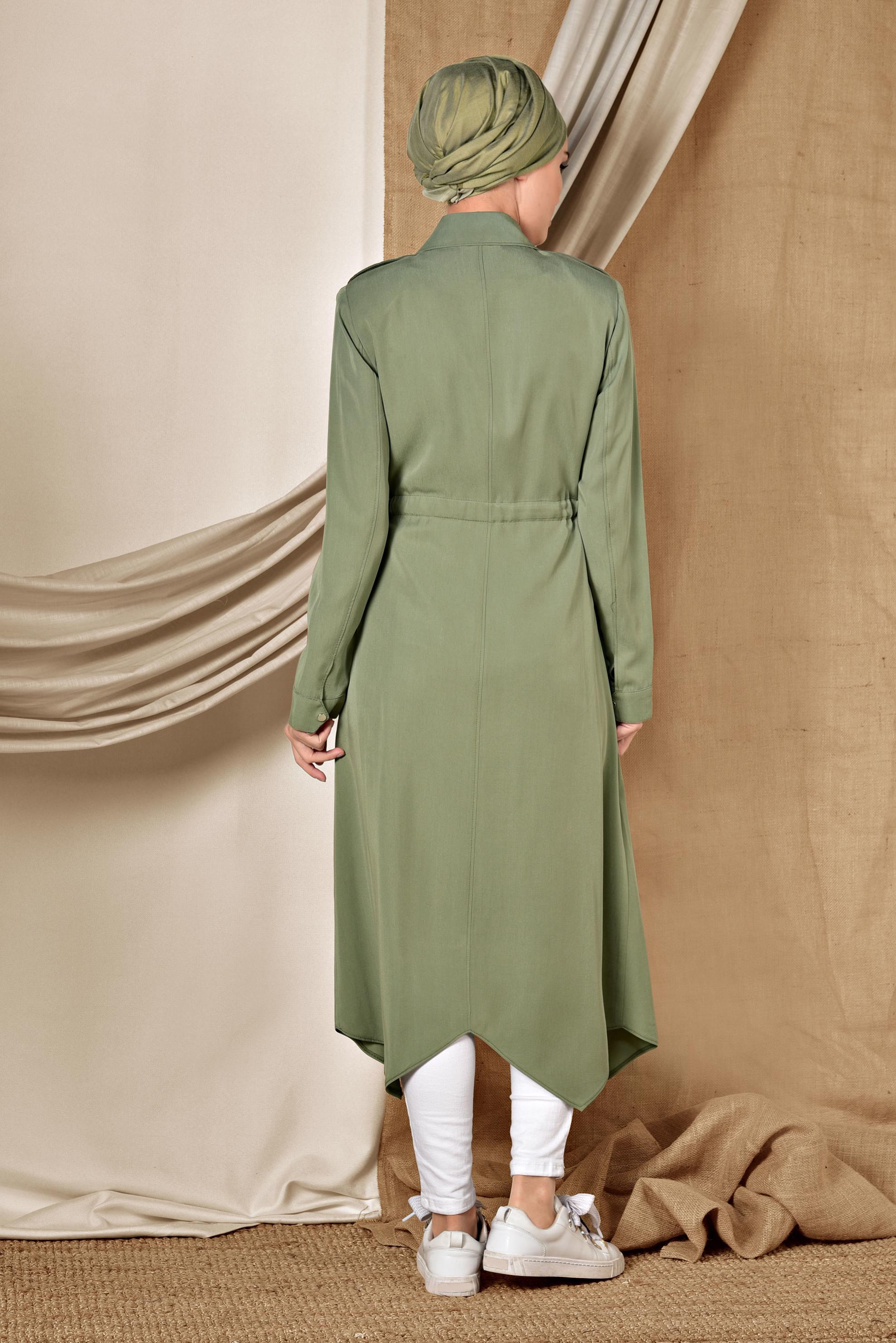 Tesettür giyim HAKİ ASİMETRİK KESİM DÜĞMELİ TRENÇKOT 1407