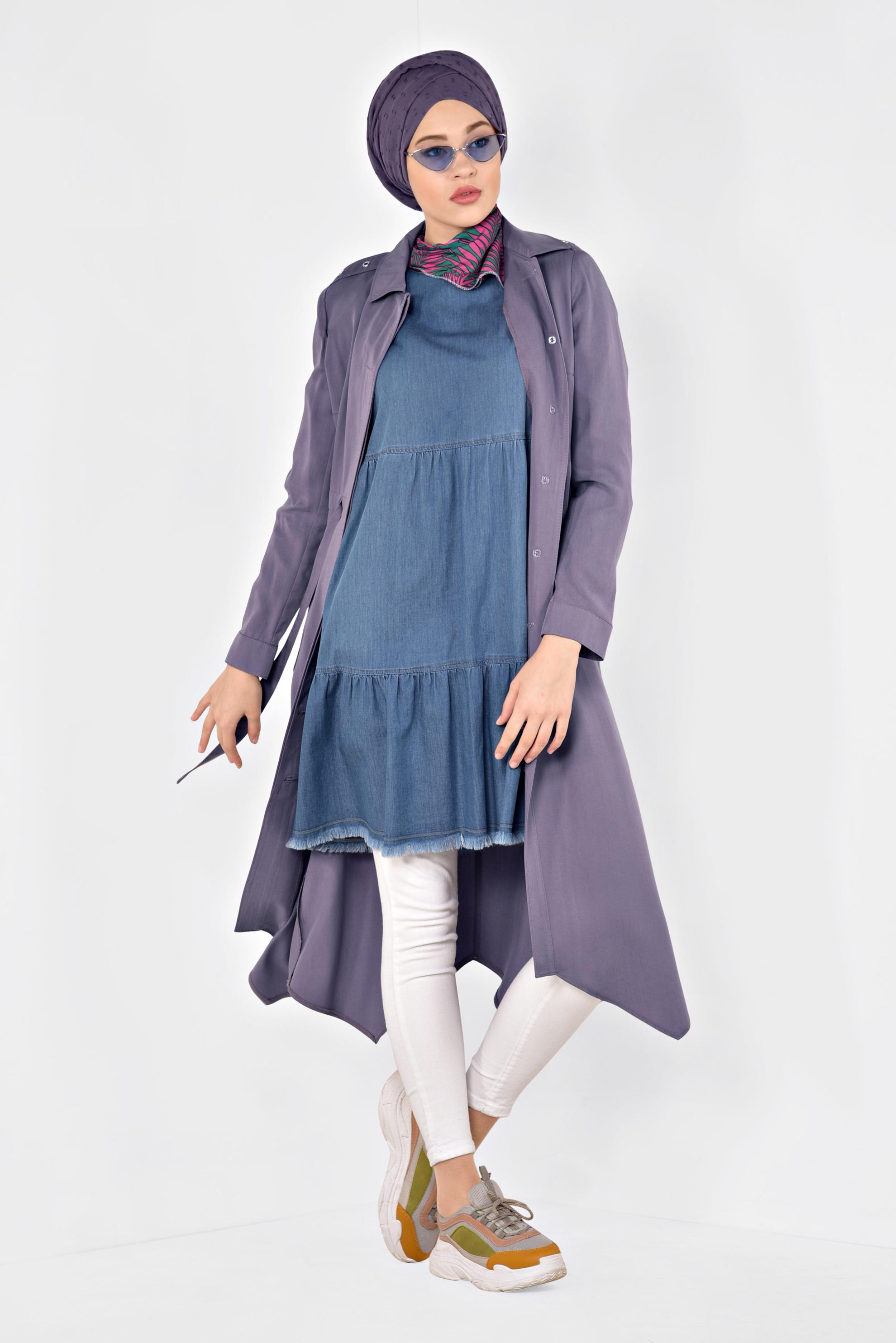 Hijab clothing PURPLE BUTTONED ASYMMETRIC TRENCH-COAT 1407