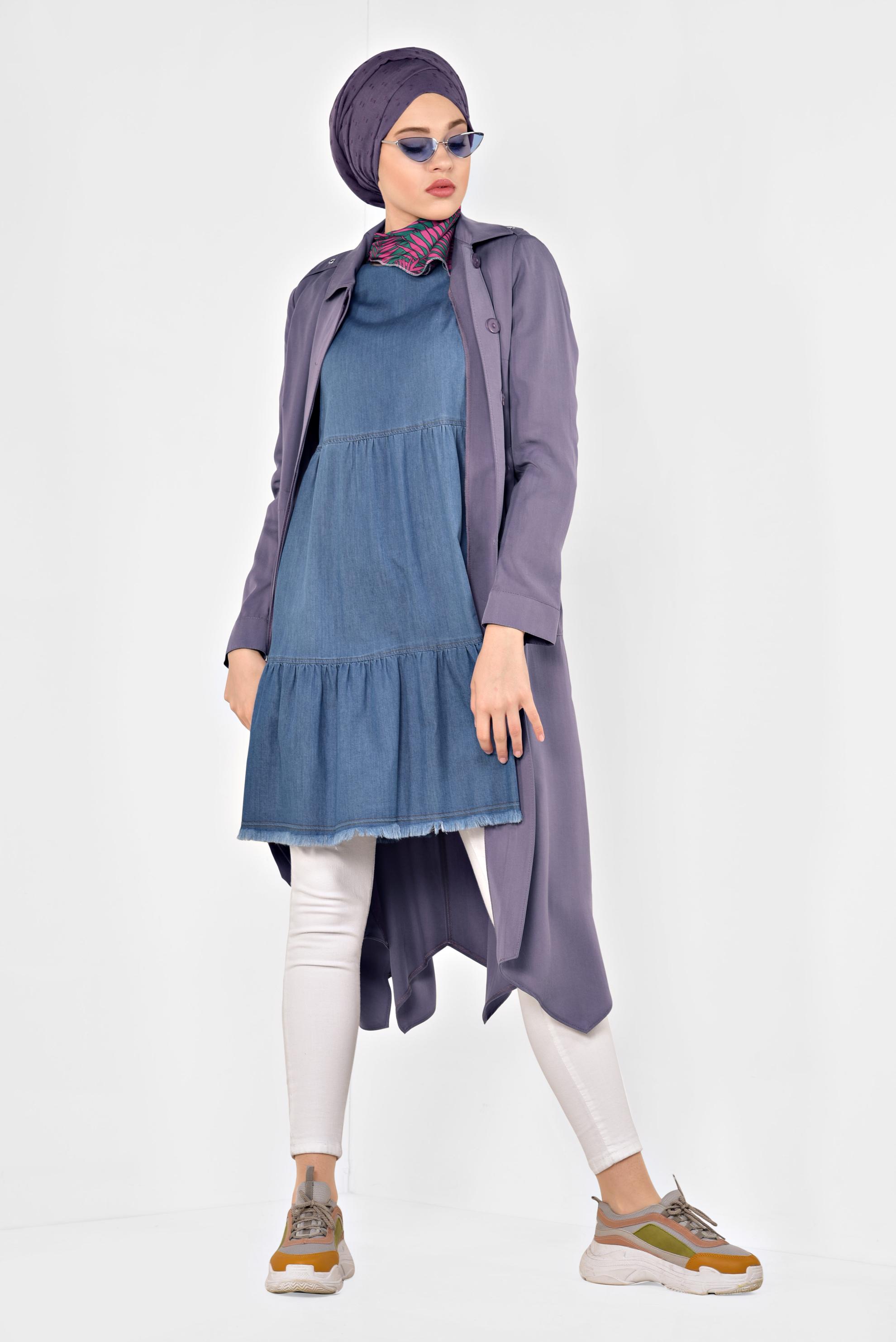 Hijab clothing PURPLE BUTTONED ASYMMETRIC TRENCH-COAT 1407