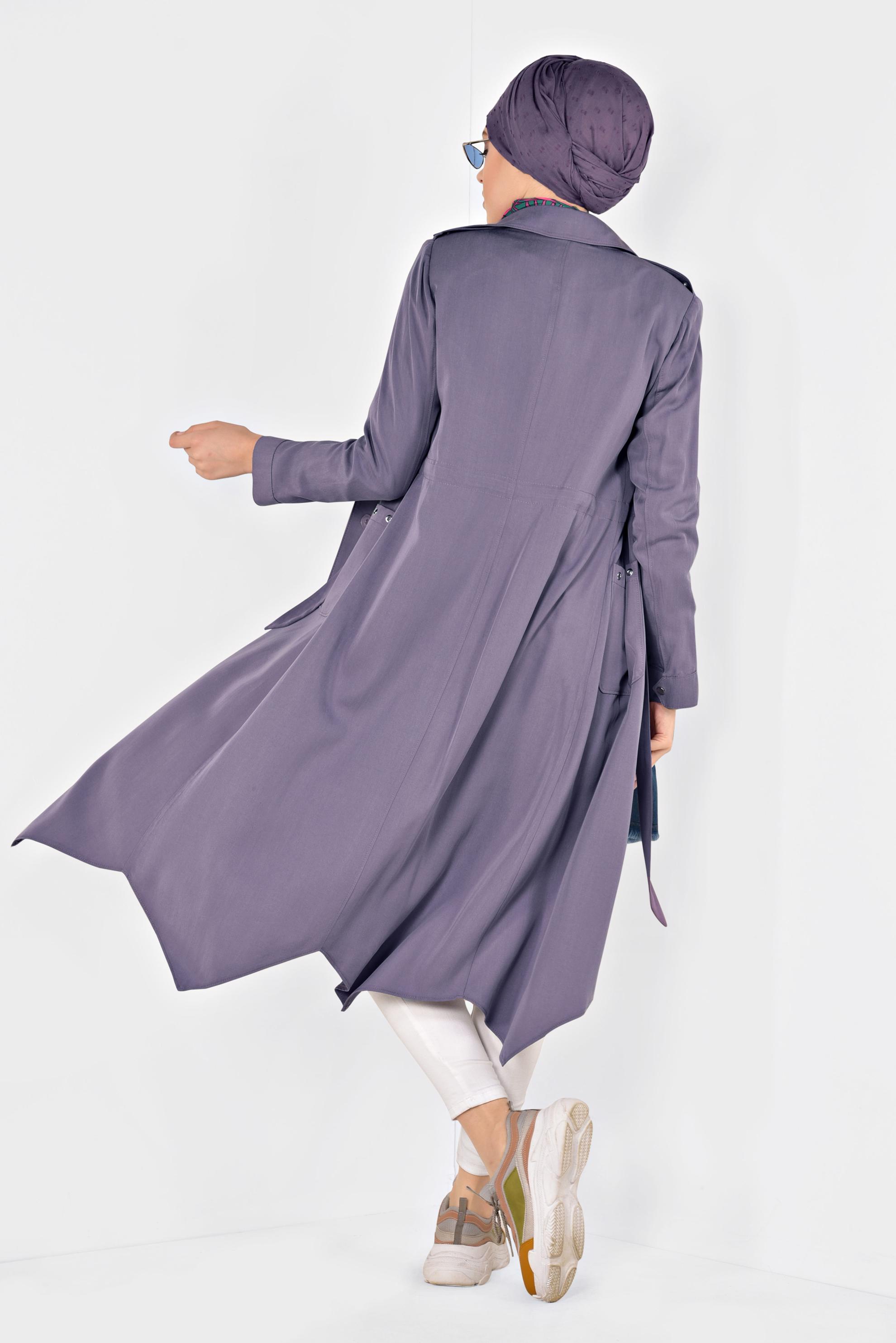 Hijab clothing PURPLE BUTTONED ASYMMETRIC TRENCH-COAT 1407
