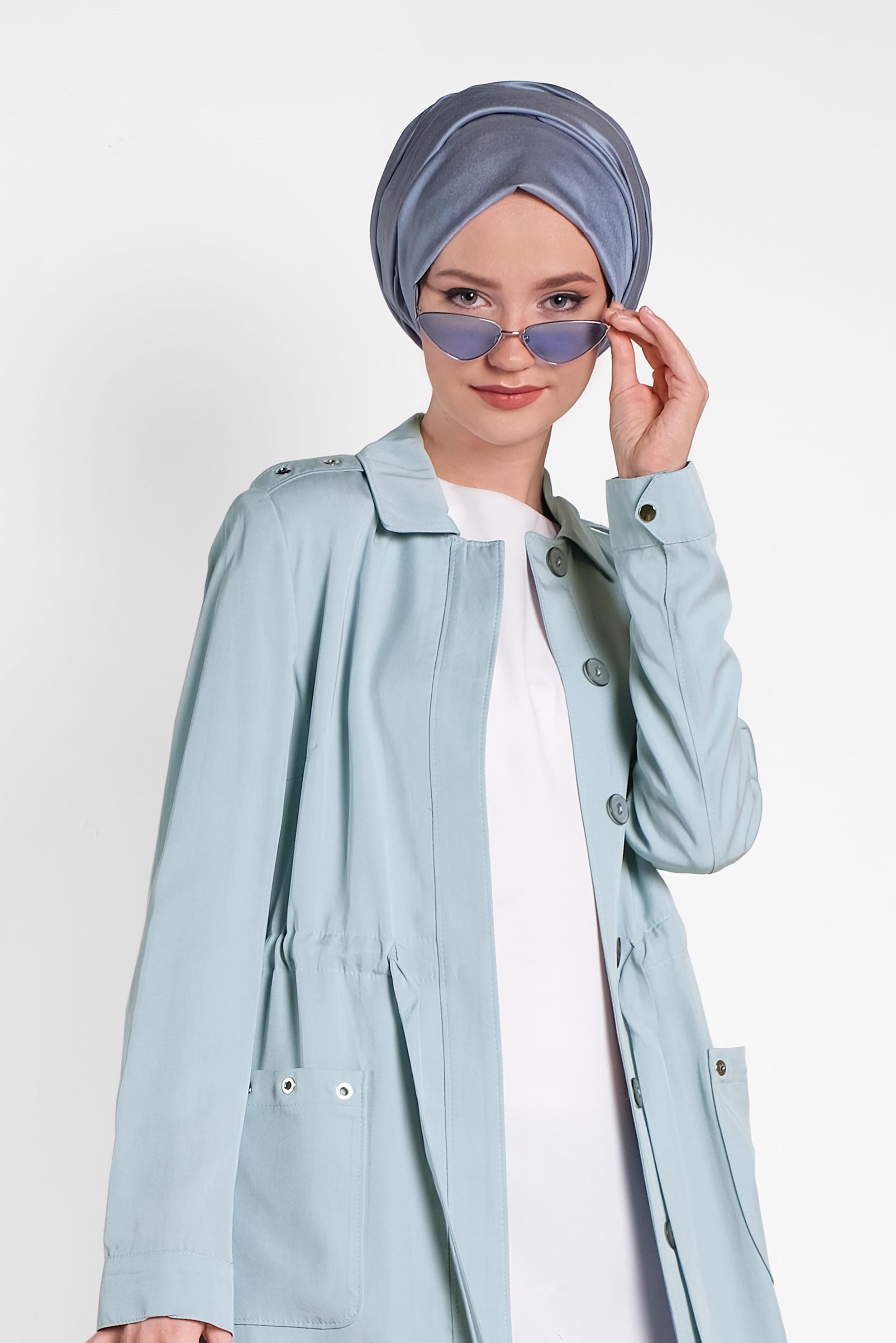 Tesettür giyim MAVİ ASİMETRİK KESİM DÜĞMELİ TRENÇKOT 1407