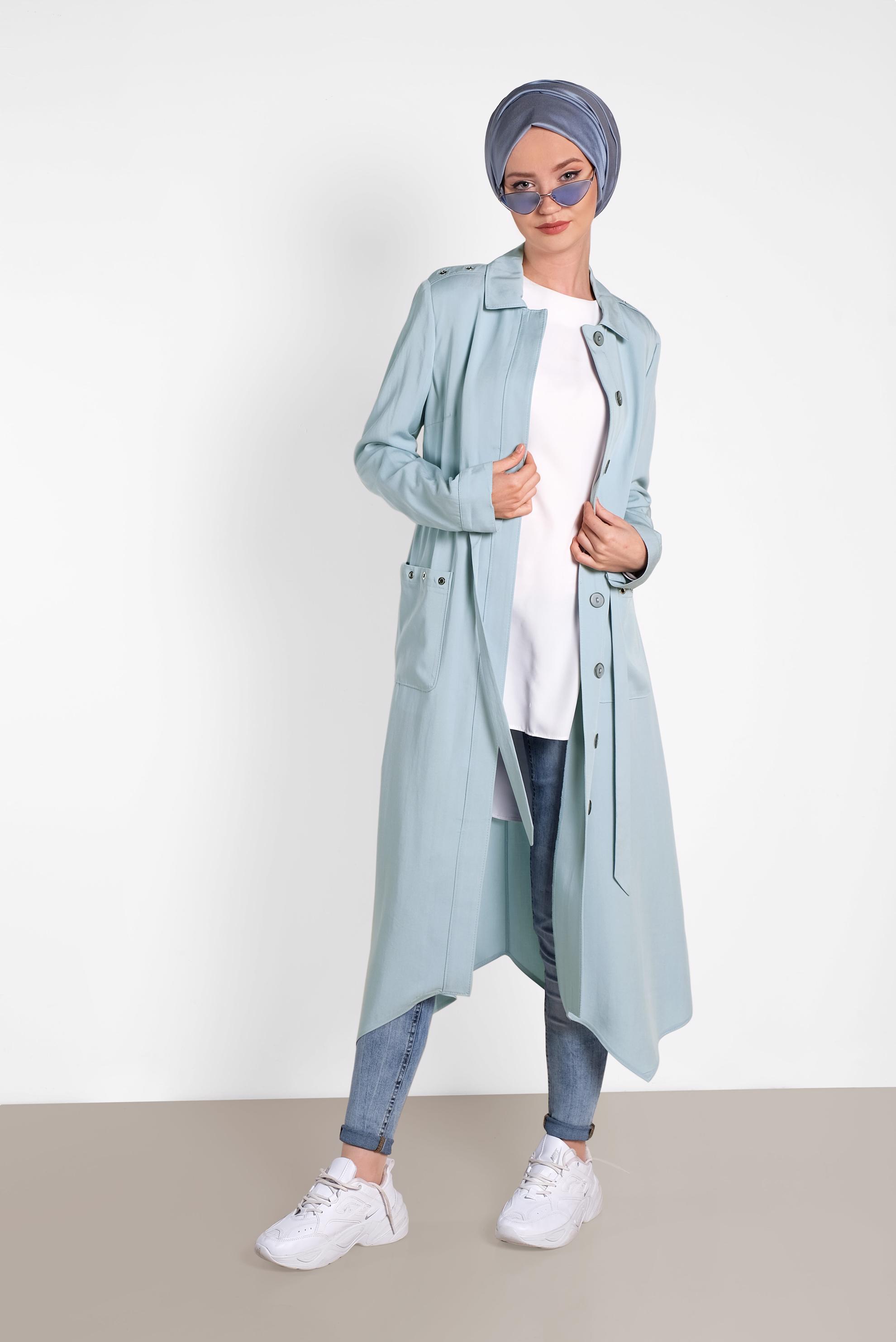 Tesettür giyim MAVİ ASİMETRİK KESİM DÜĞMELİ TRENÇKOT 1407