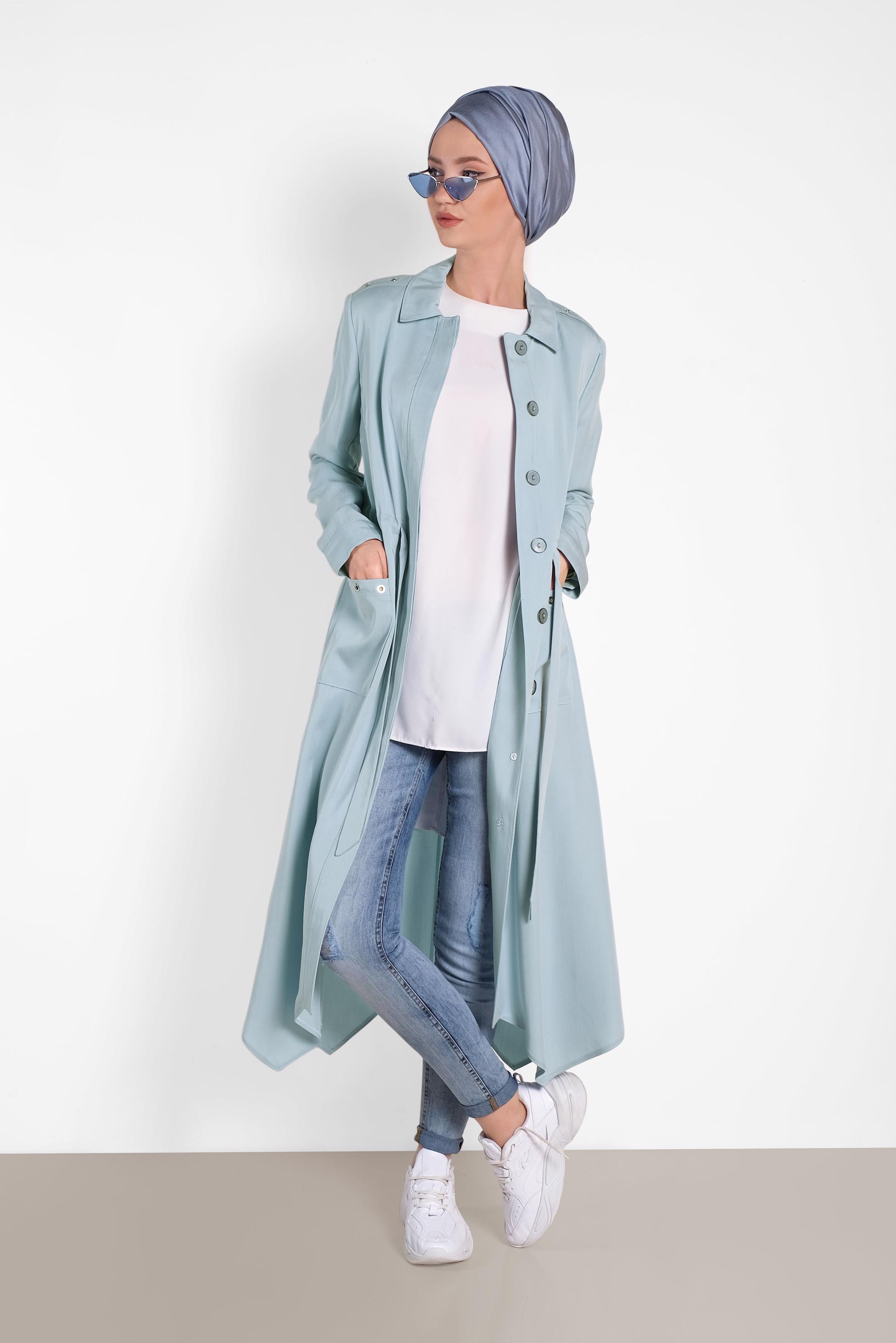 Tesettür giyim MAVİ ASİMETRİK KESİM DÜĞMELİ TRENÇKOT 1407