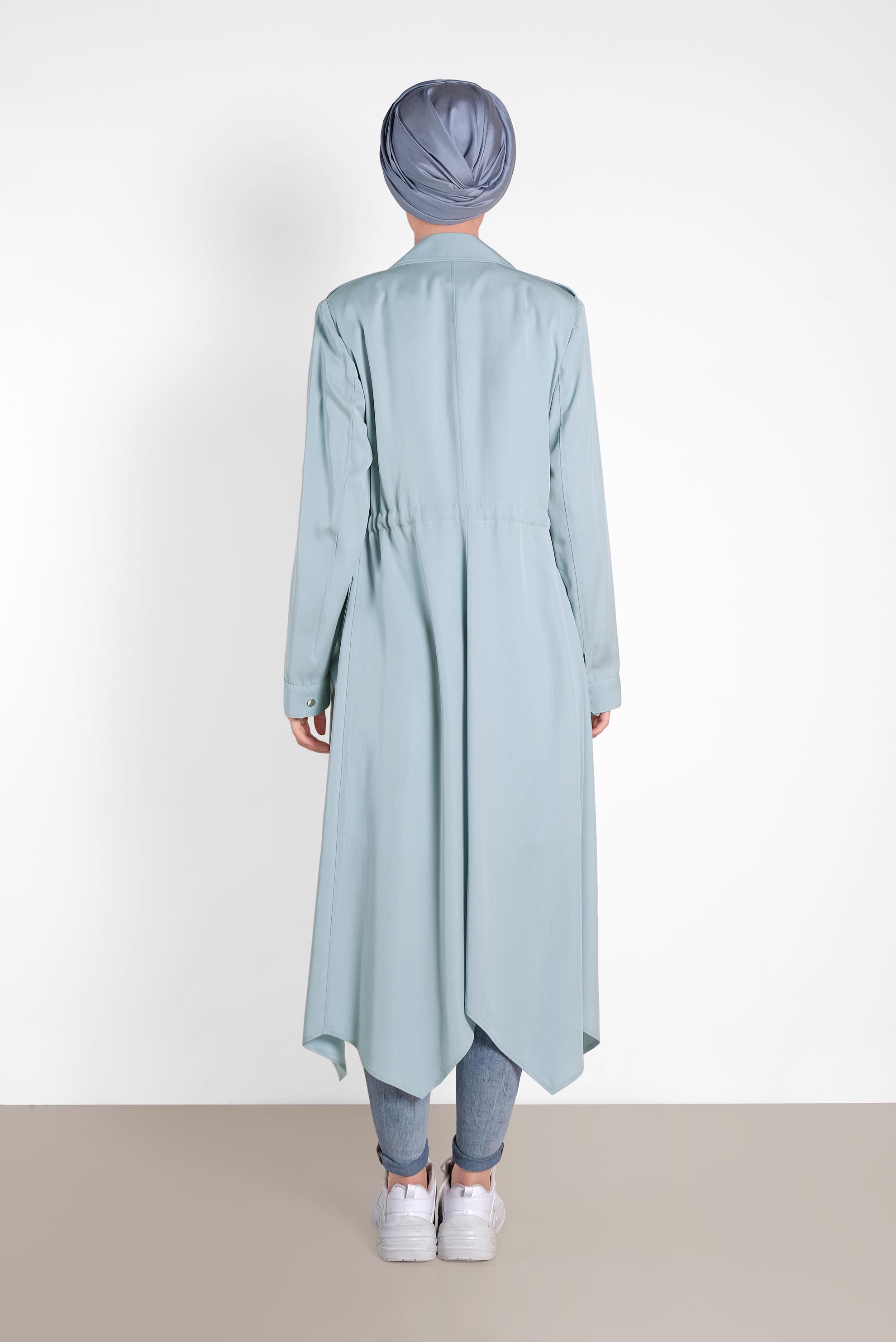 Tesettür giyim MAVİ ASİMETRİK KESİM DÜĞMELİ TRENÇKOT 1407