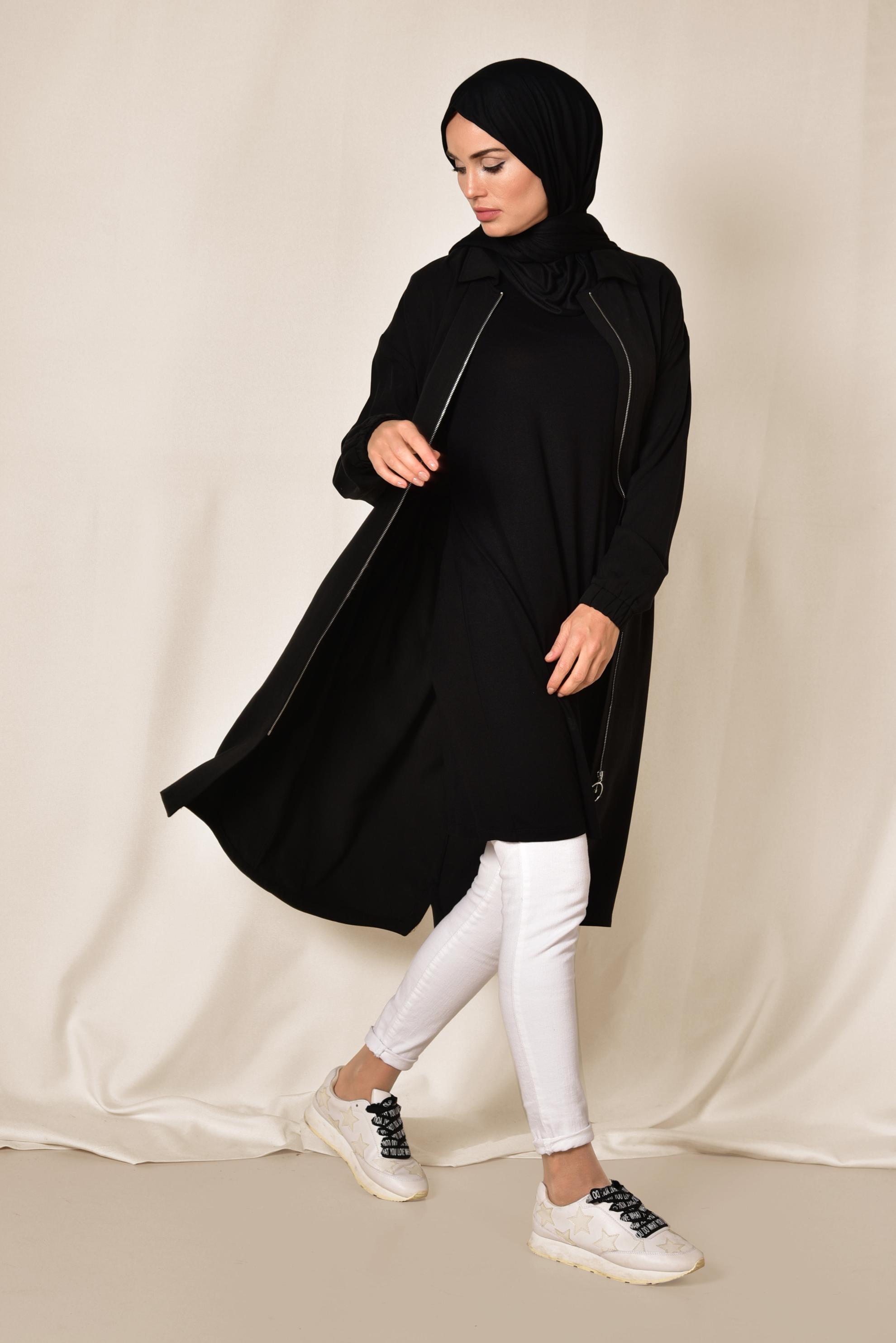 Tesettür giyim SİYAH BELİ BÜZGÜLÜ TENSEL TRENÇKOT 1408