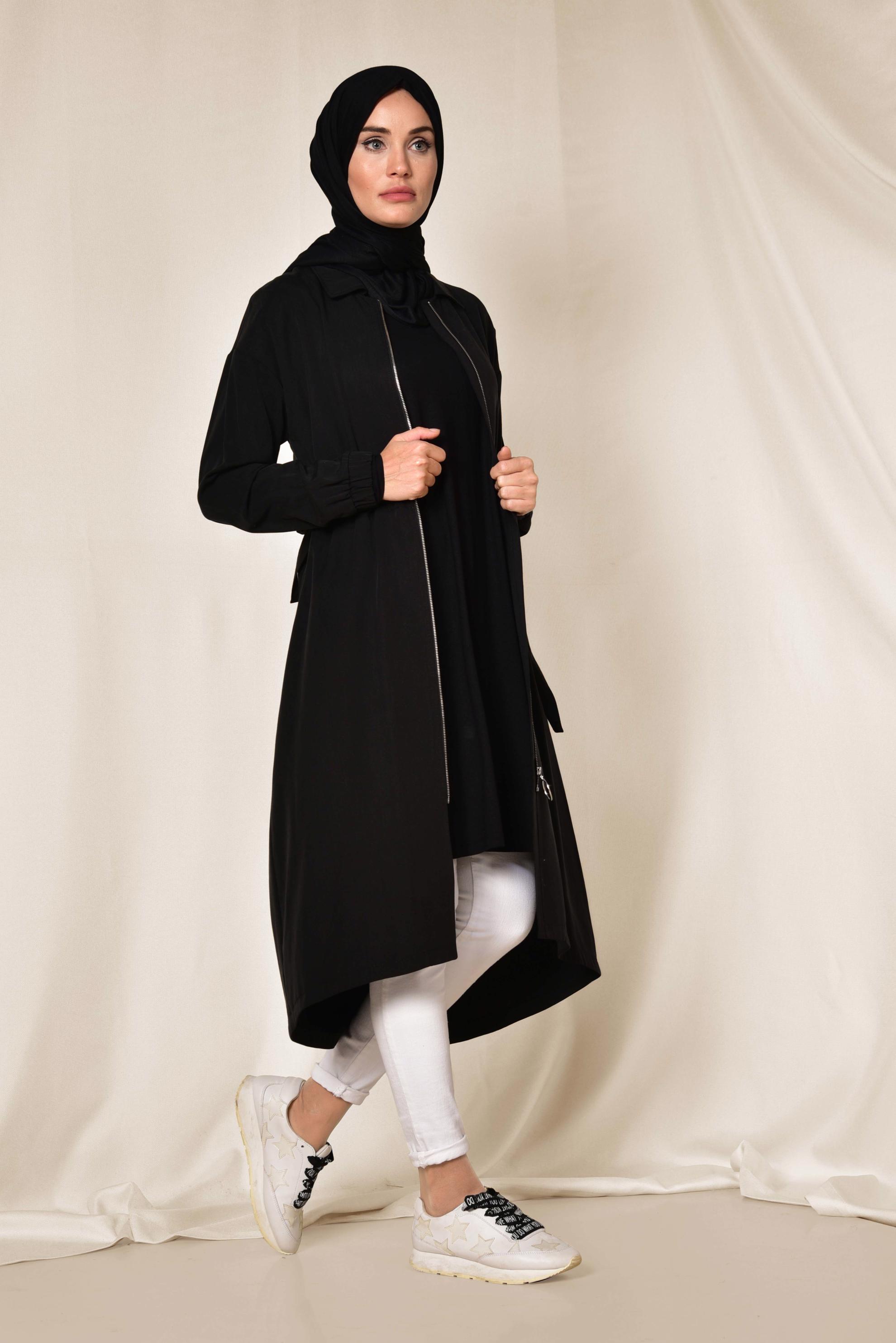 Tesettür giyim SİYAH BELİ BÜZGÜLÜ TENSEL TRENÇKOT 1408