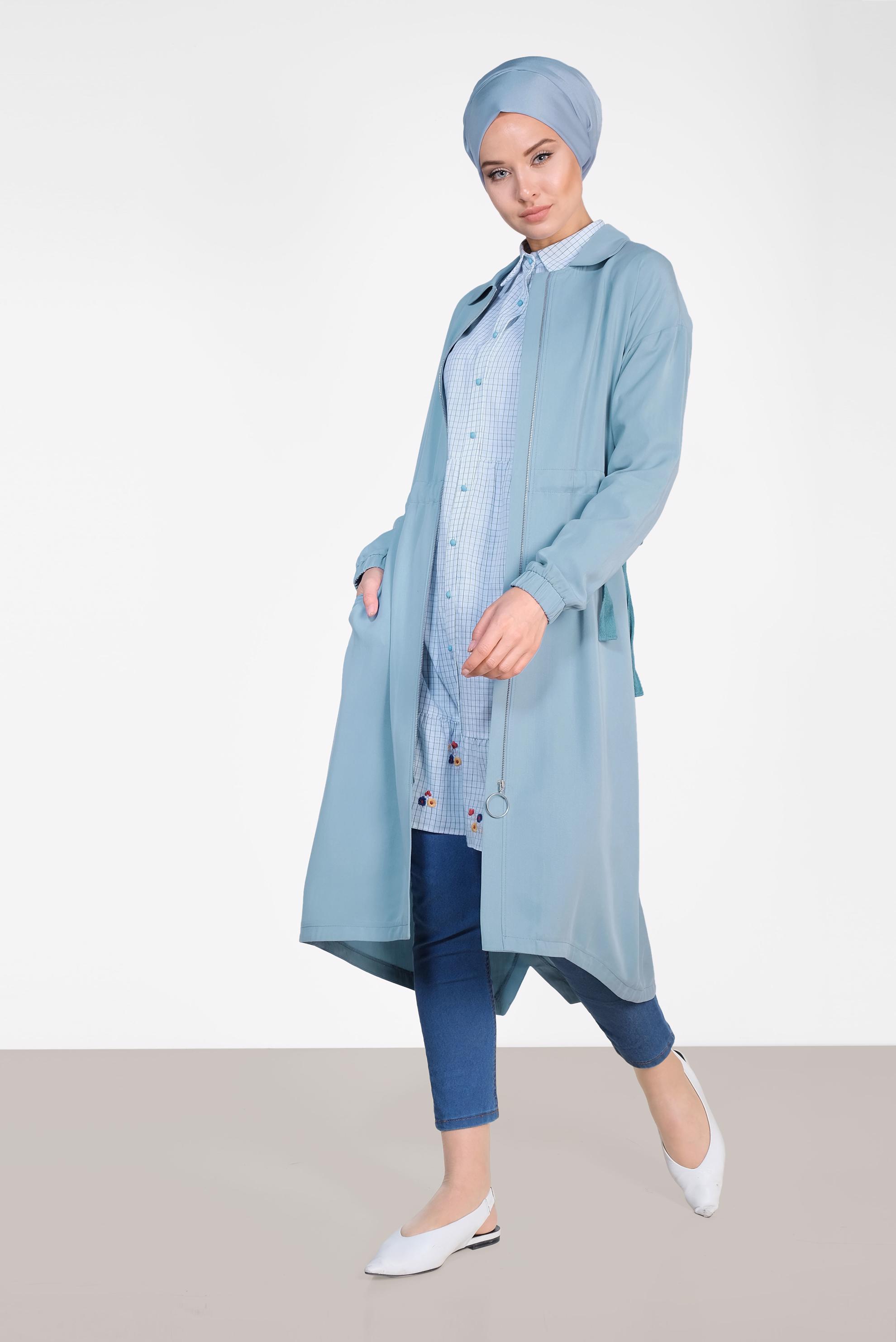 Tesettür giyim MAVİ BELİ BÜZGÜLÜ TENSEL TRENÇKOT 1408