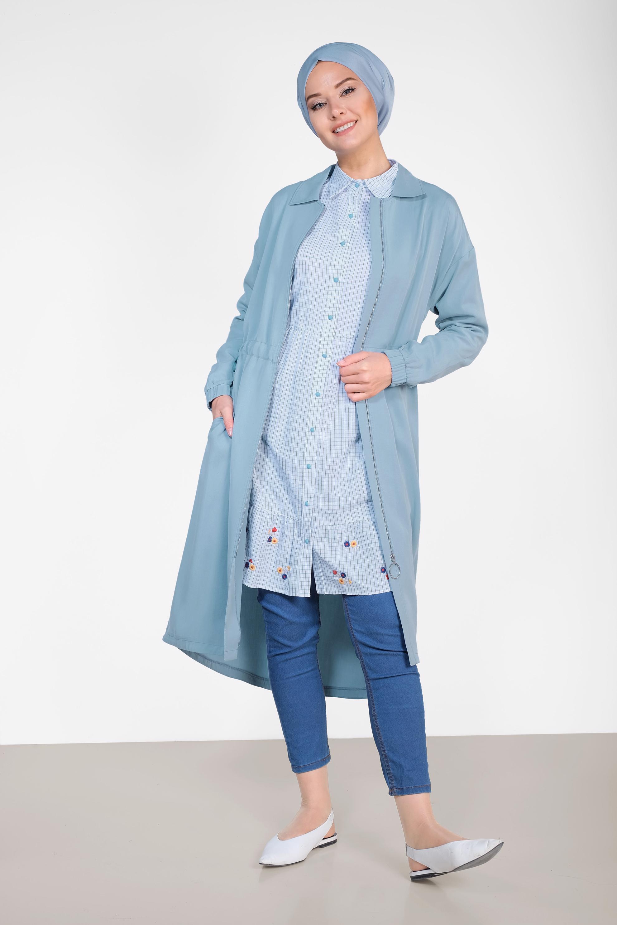 Tesettür giyim MAVİ BELİ BÜZGÜLÜ TENSEL TRENÇKOT 1408