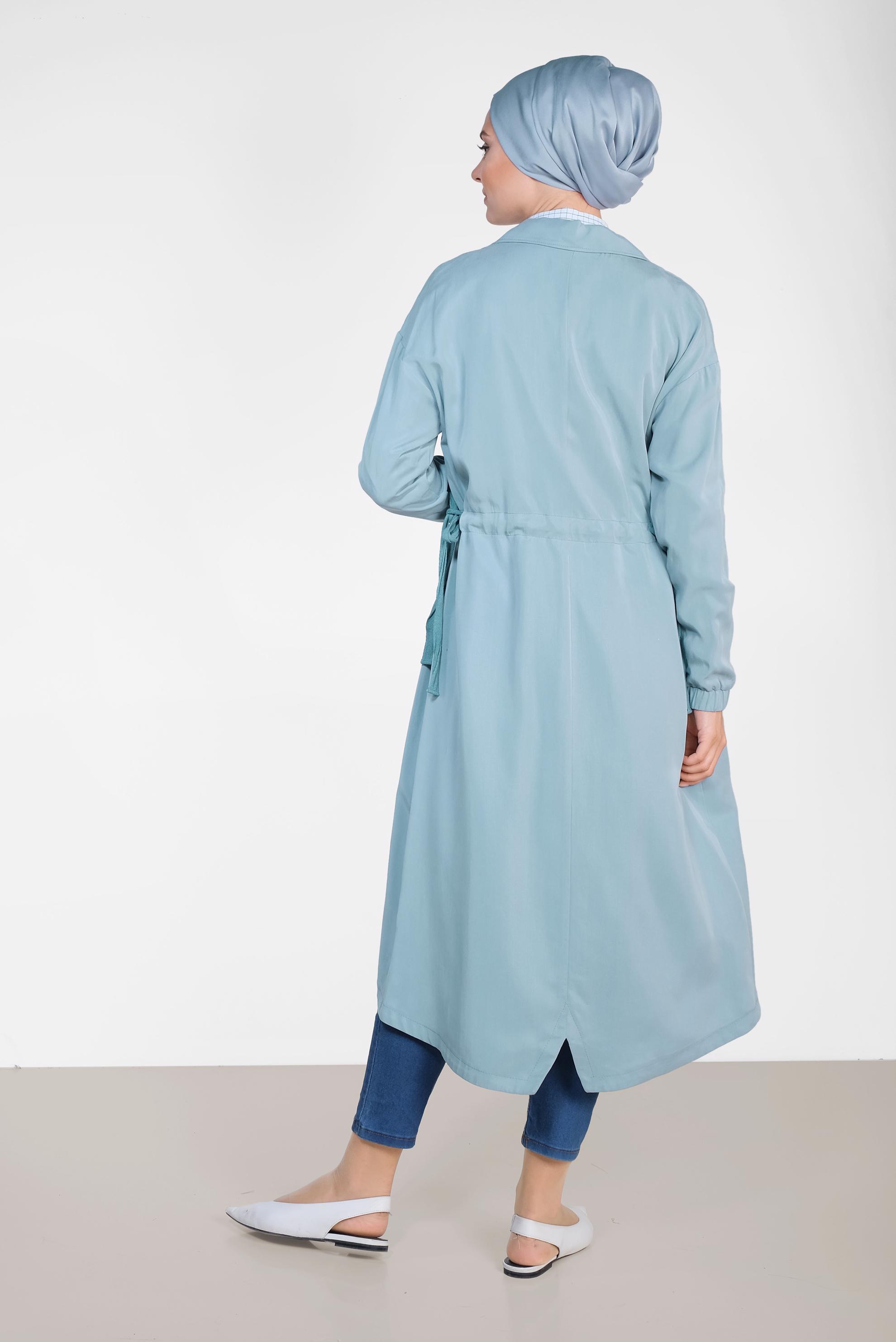 Tesettür giyim MAVİ BELİ BÜZGÜLÜ TENSEL TRENÇKOT 1408