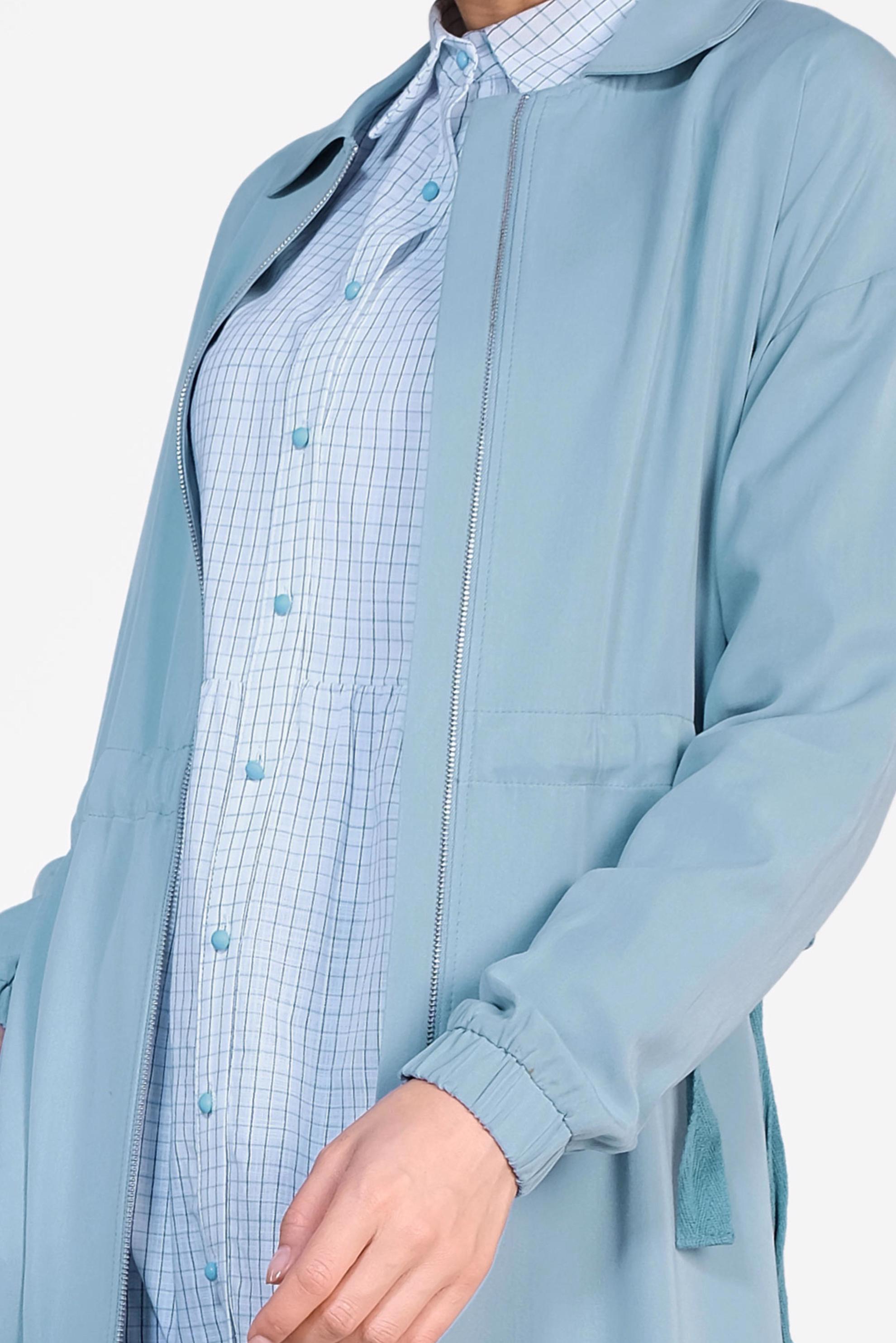 Tesettür giyim MAVİ BELİ BÜZGÜLÜ TENSEL TRENÇKOT 1408