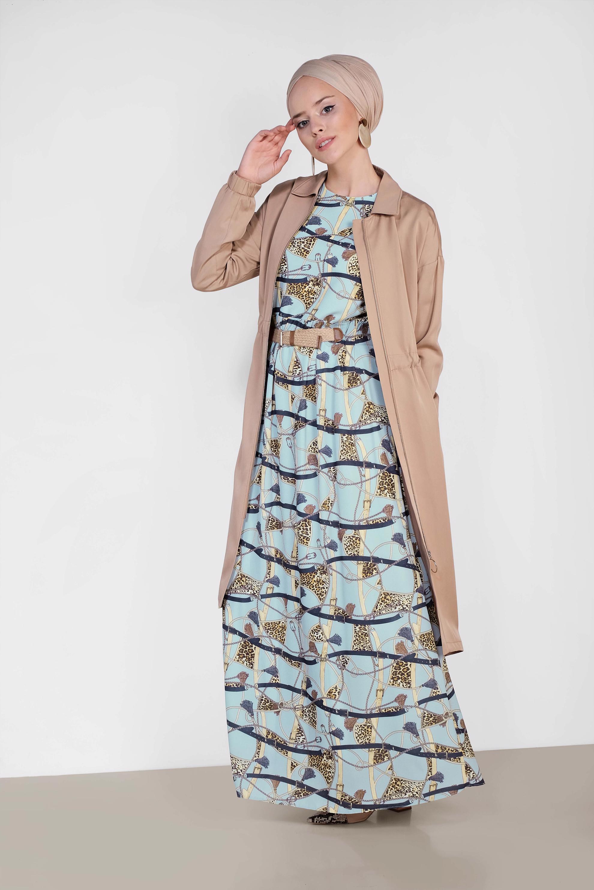 Tesettür giyim KAHVE BELİ BÜZGÜLÜ TENSEL TRENÇKOT 1408