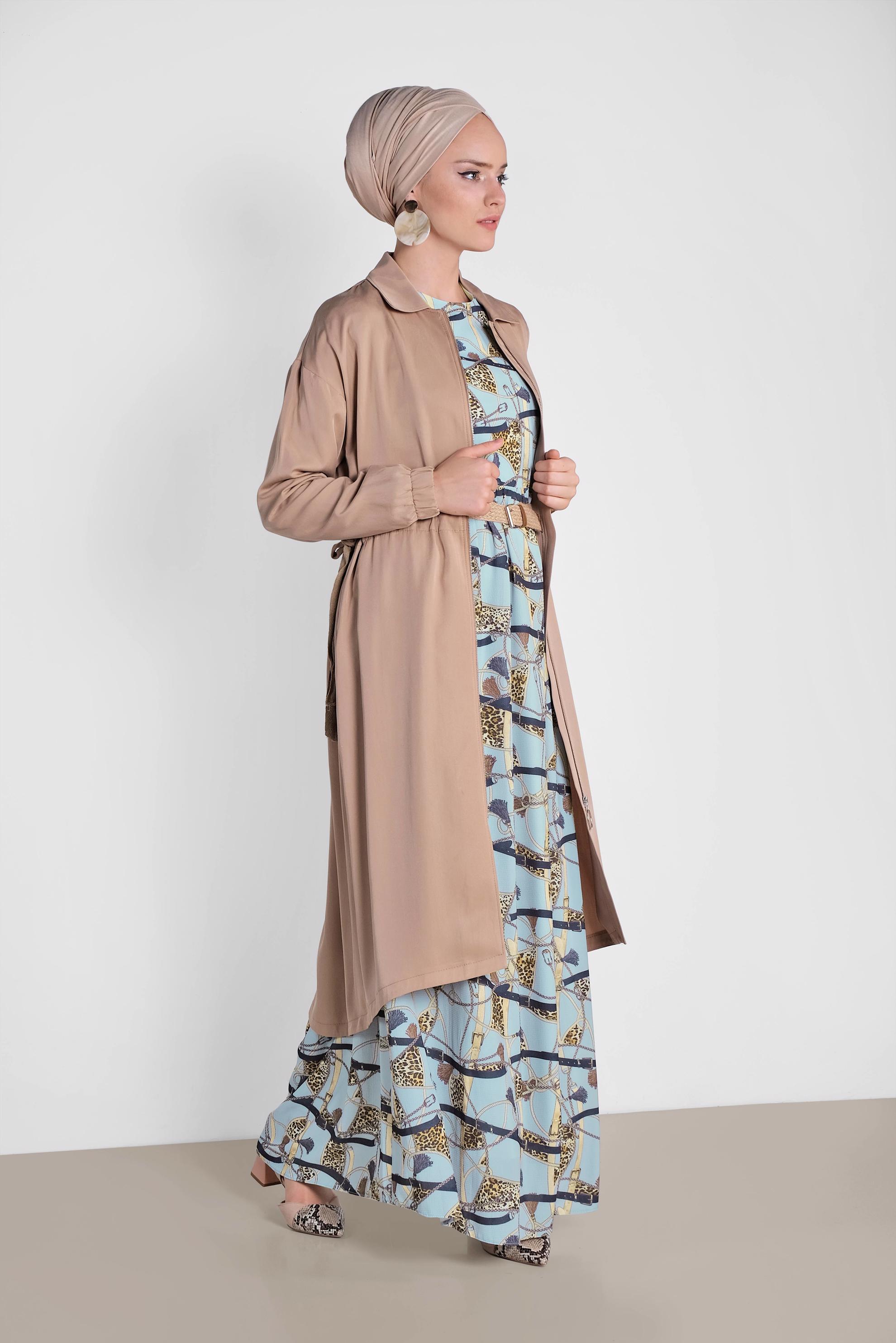 Tesettür giyim KAHVE BELİ BÜZGÜLÜ TENSEL TRENÇKOT 1408