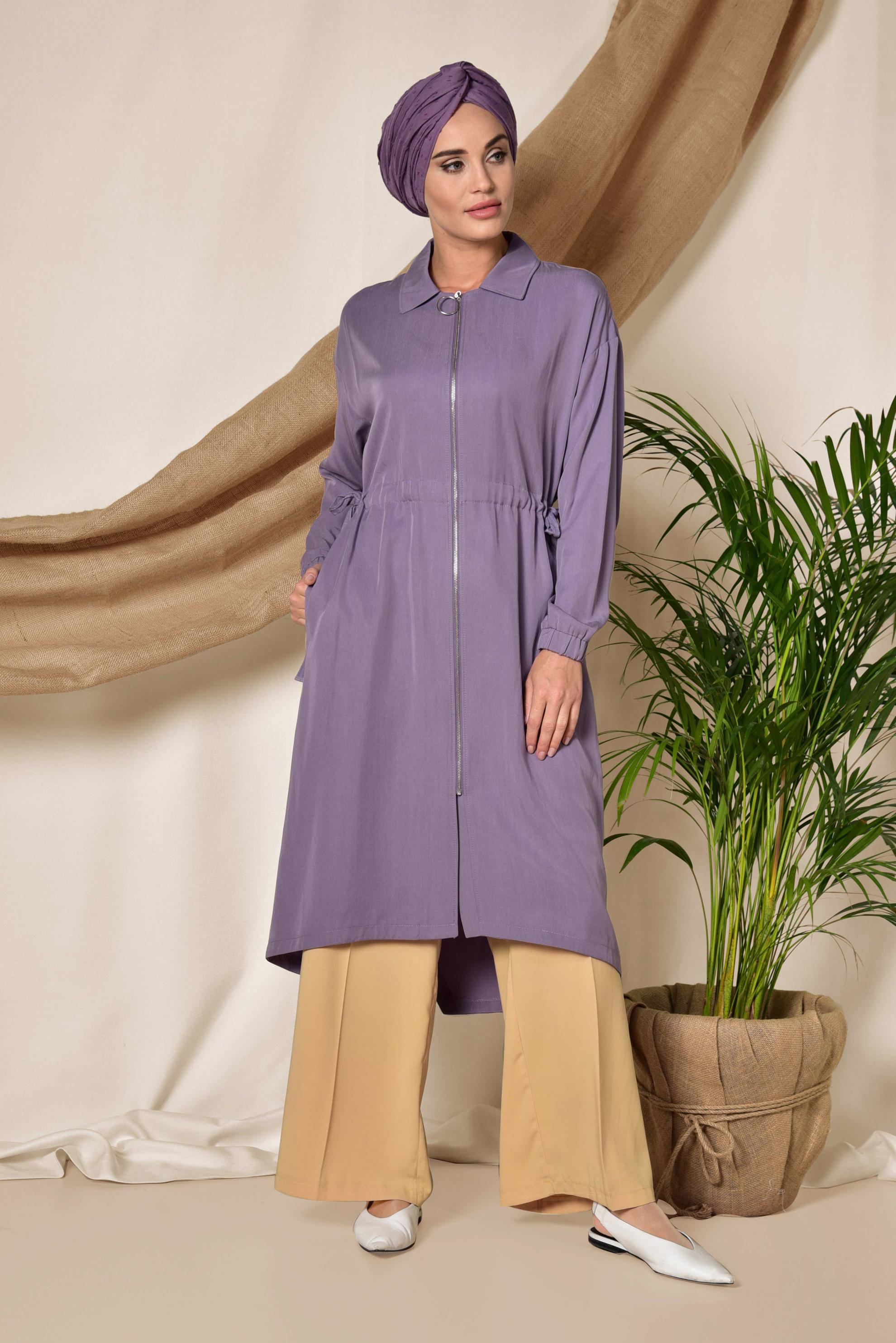 Tesettür giyim MOR BELİ BÜZGÜLÜ TENSEL TRENÇKOT 1408