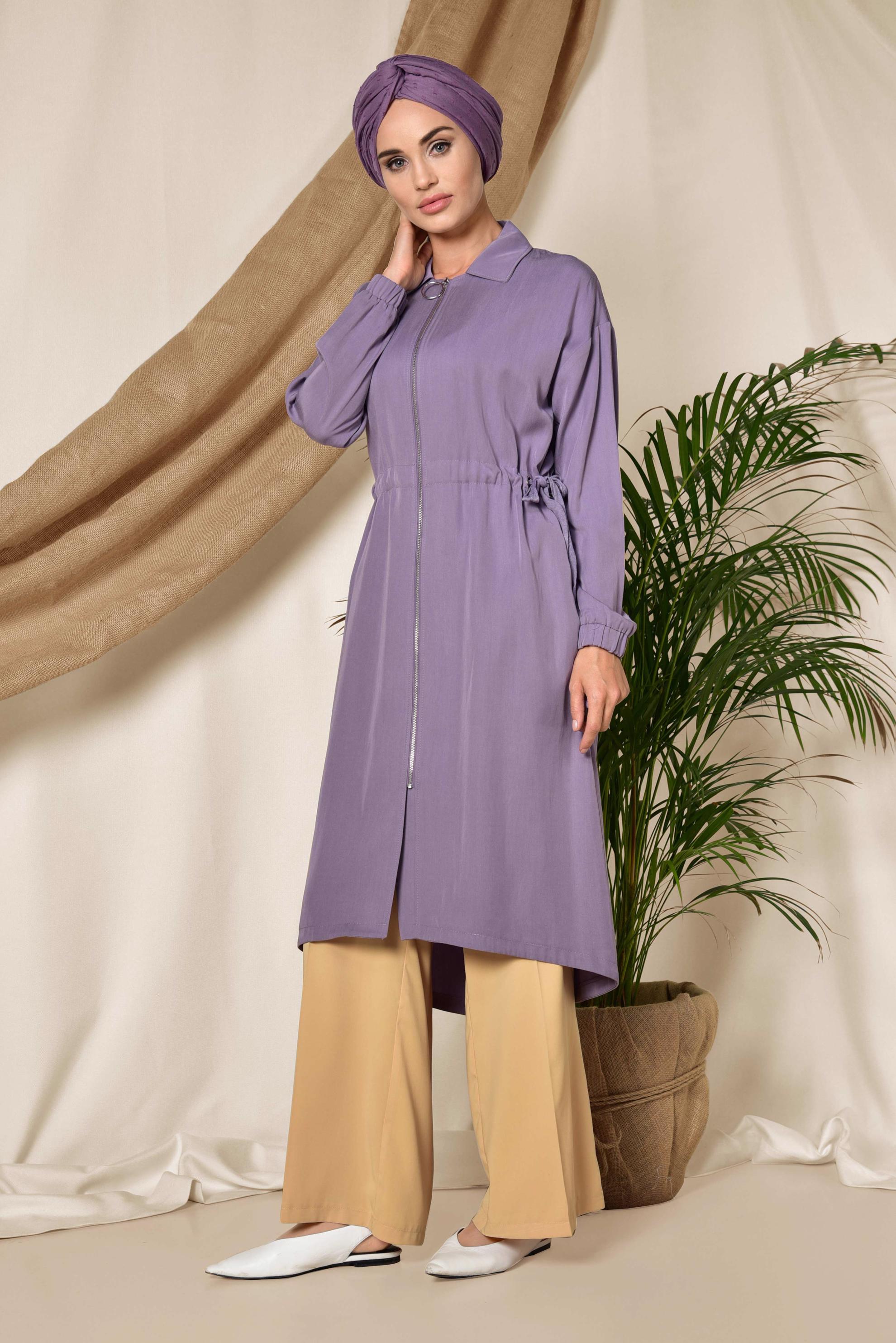 Tesettür giyim MOR BELİ BÜZGÜLÜ TENSEL TRENÇKOT 1408