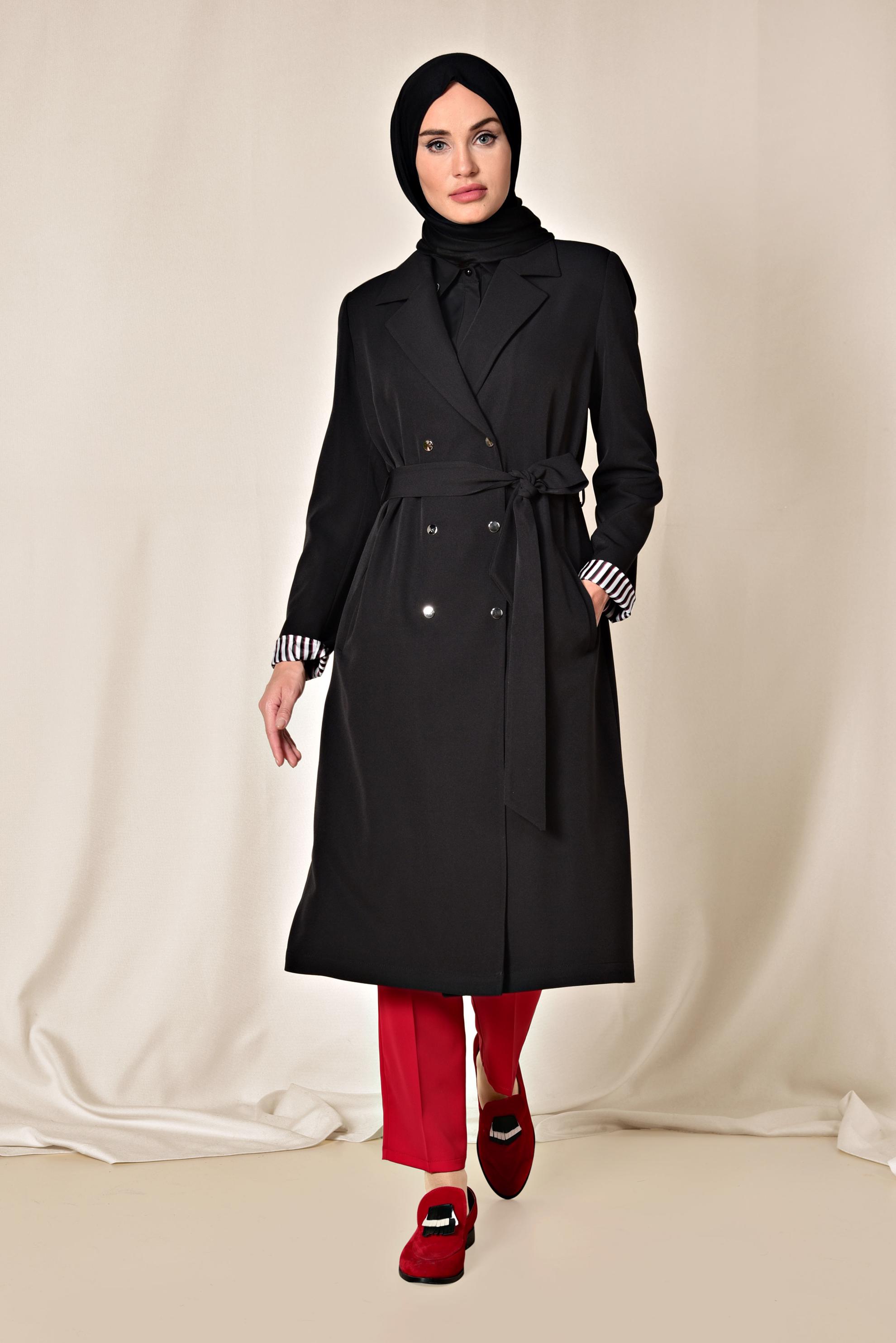 Tesettür giyim SİYAH ÖNÜ ÇITÇITLI TRENÇKOT 1409