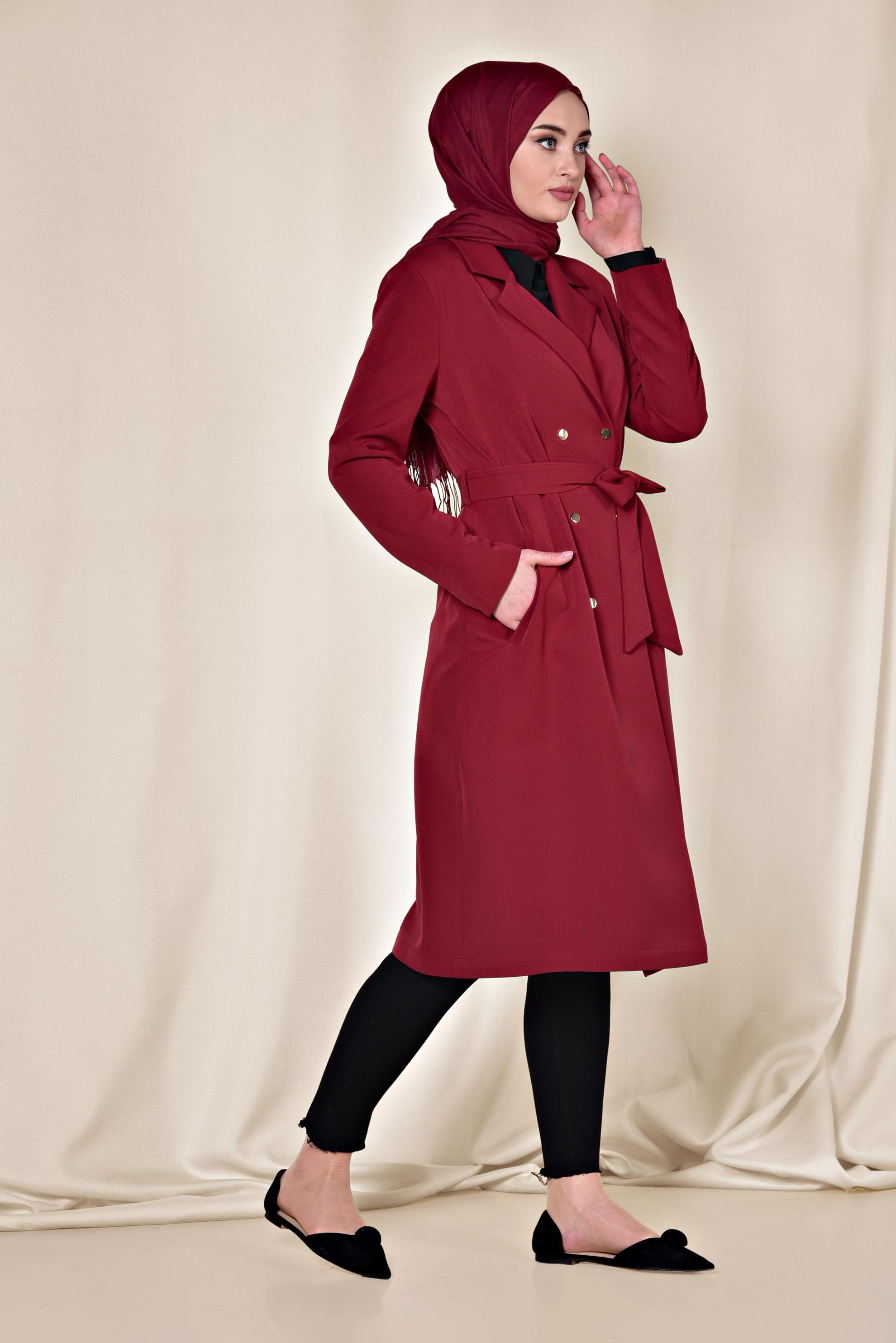 Tesettür giyim KIRMIZI ÖNÜ ÇITÇITLI TRENÇKOT 1409