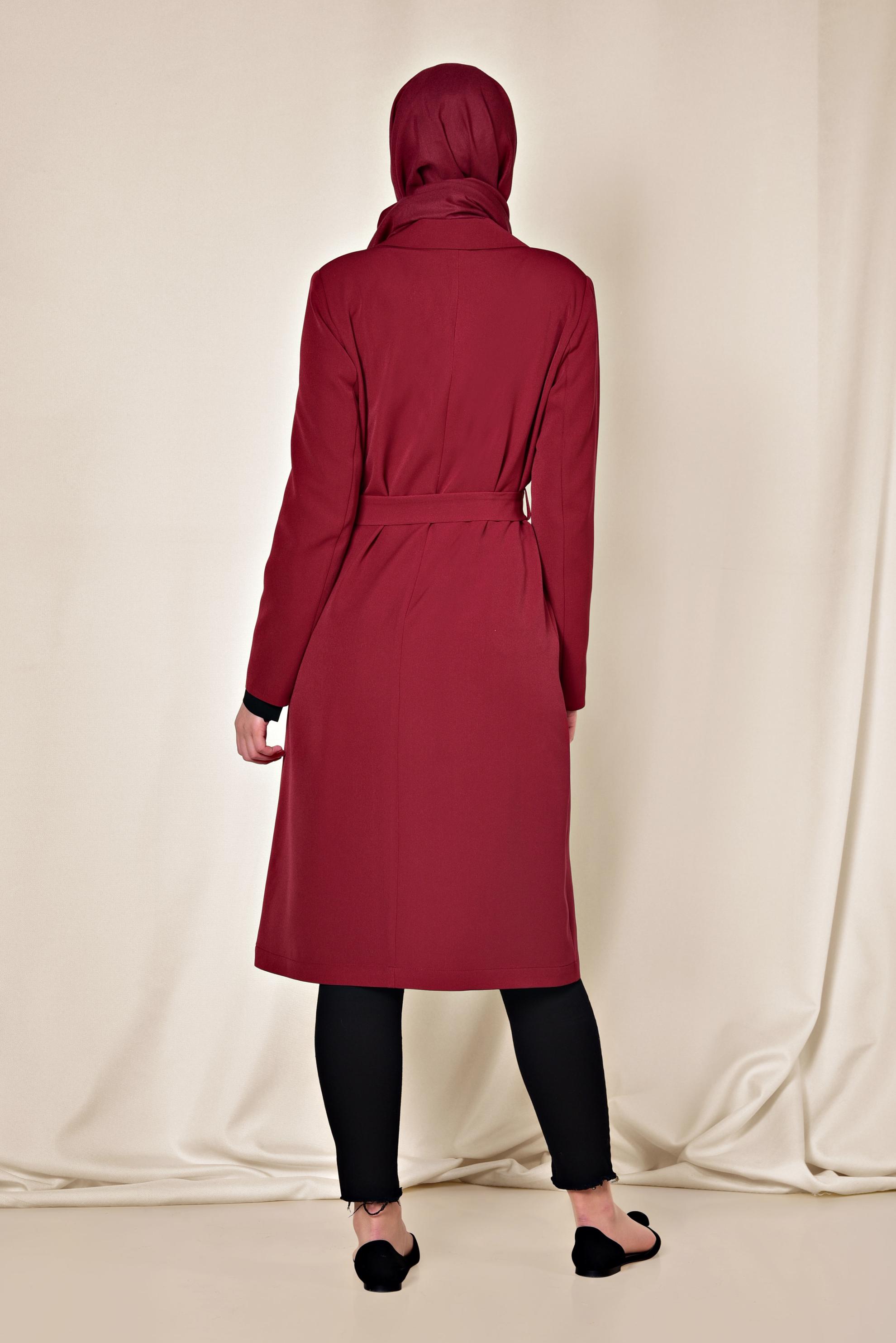 Tesettür giyim KIRMIZI ÖNÜ ÇITÇITLI TRENÇKOT 1409