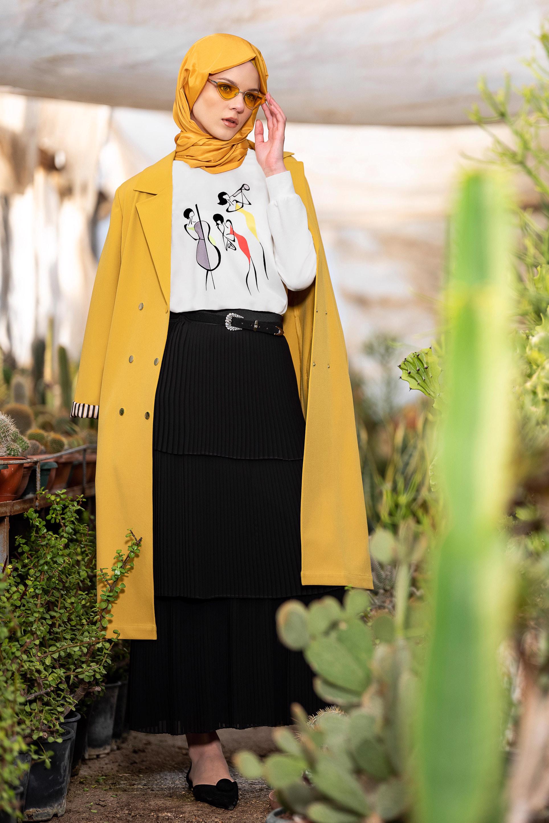 Hijab clothing YELLOW FRONTAL SNAP DETAILED TRENCH-COAT 1409 