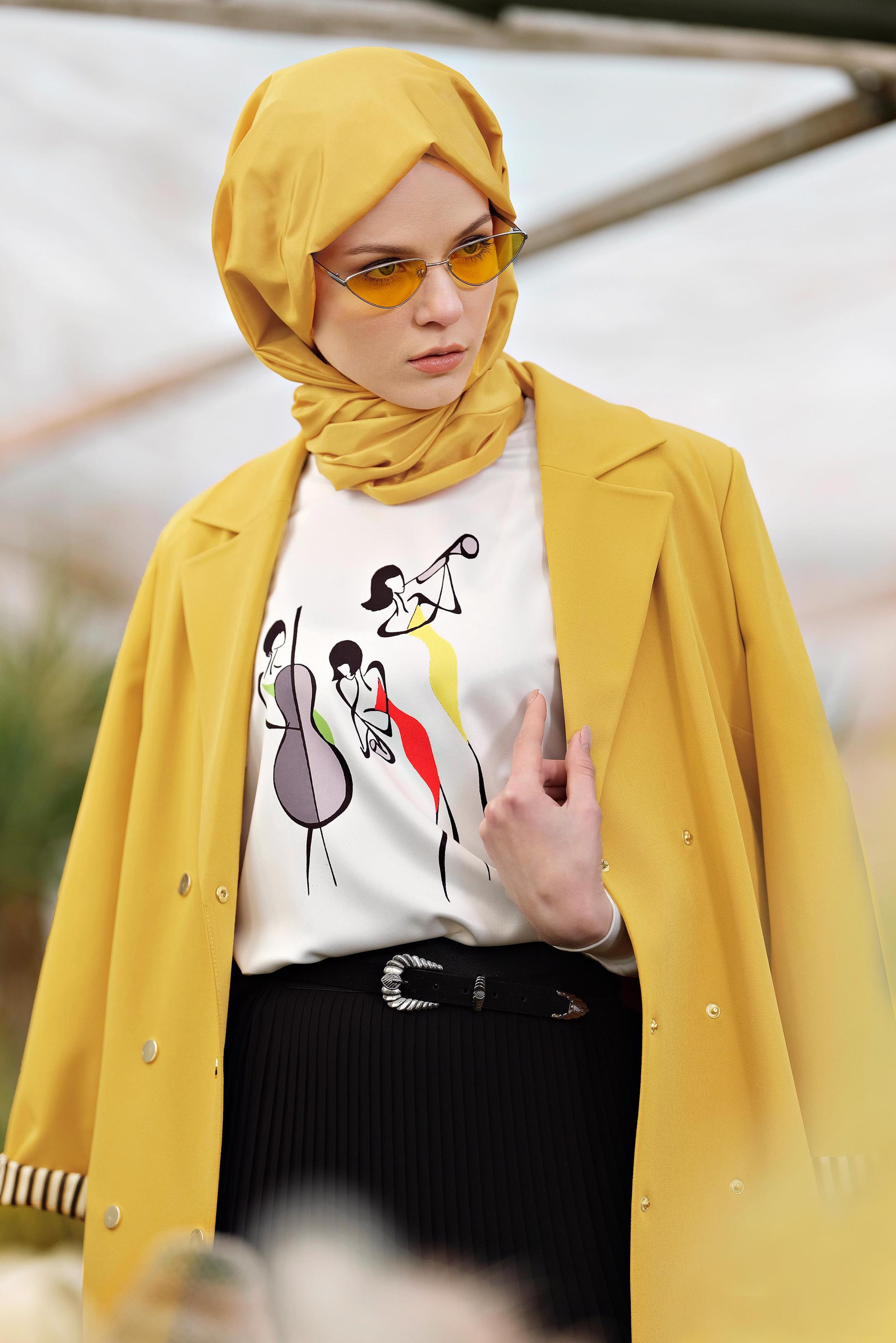 Hijab clothing YELLOW FRONTAL SNAP DETAILED TRENCH-COAT 1409 